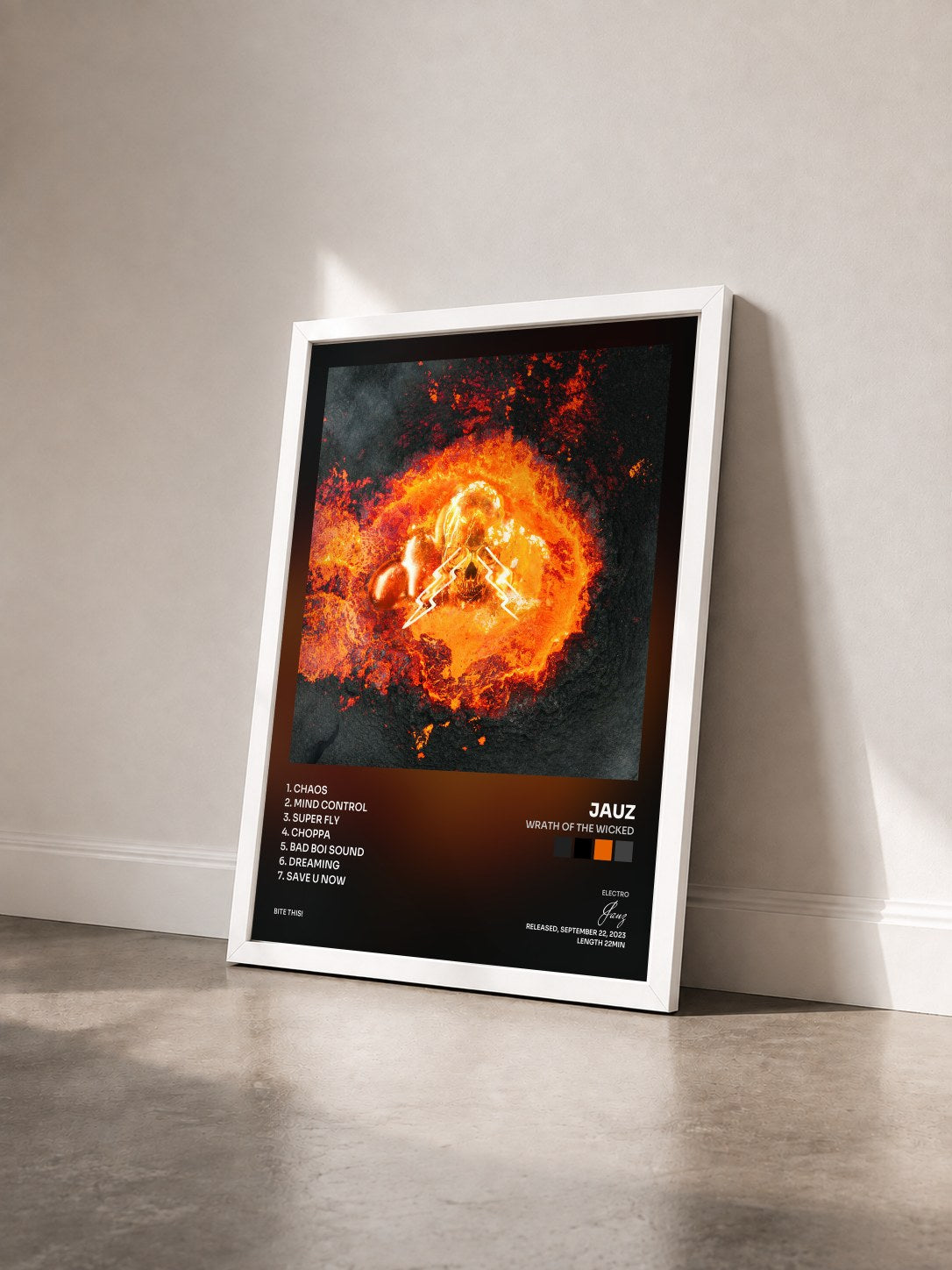 #blanc Tableau de l'album WRATH OF THE WICKED de Jauz vu de trois quarts, cadre blanc