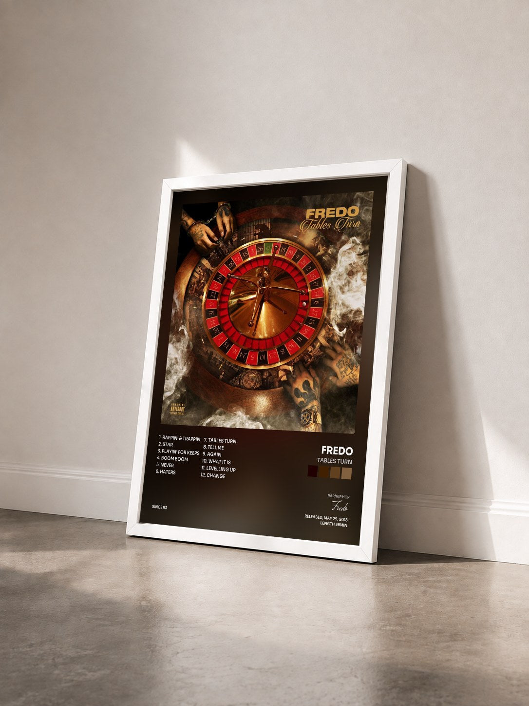 #blanc Tableau de l'album Tables Turn de Fredo vu de trois quarts, cadre blanc