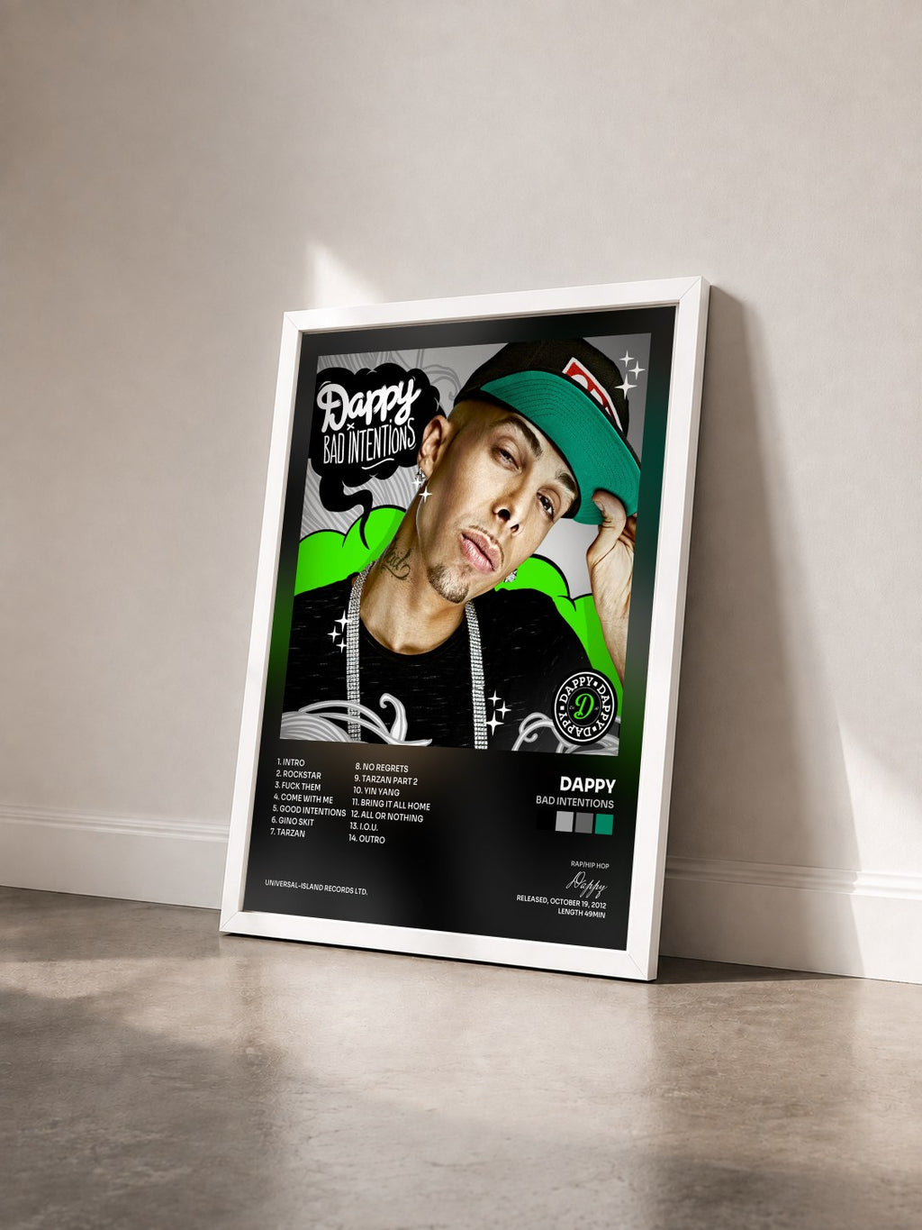 #blanc Bad Intentions by Dappy as a framed art print seen at an angle, white frame