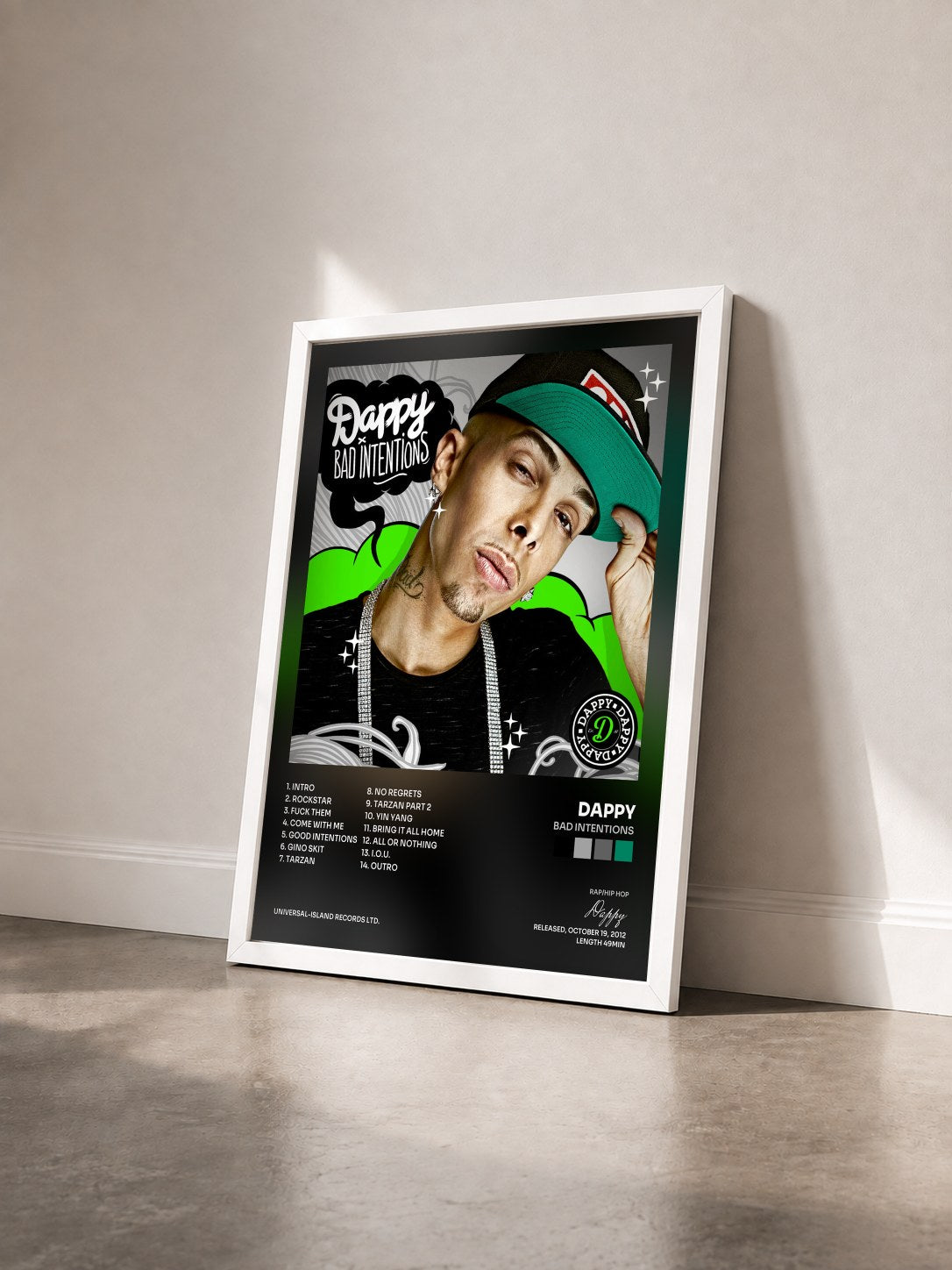 #blanc Tableau de l'album Bad Intentions de Dappy vu de trois quarts, cadre blanc