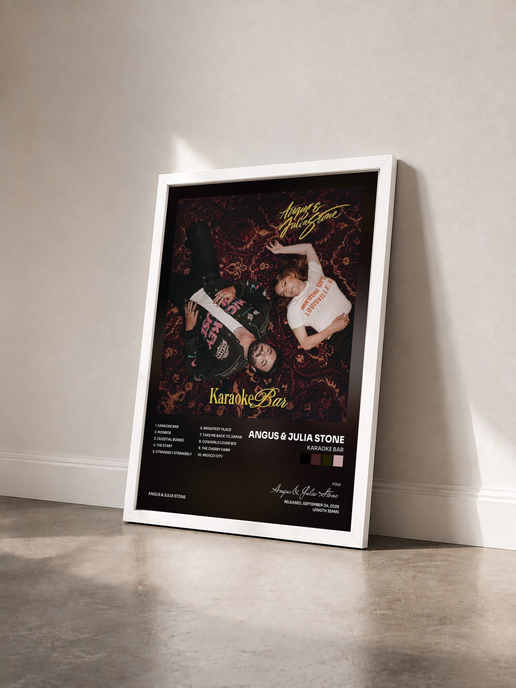 #blanc Tableau de l'album Karaoke Bar de Angus & Julia Stone vu de trois quarts, cadre blanc