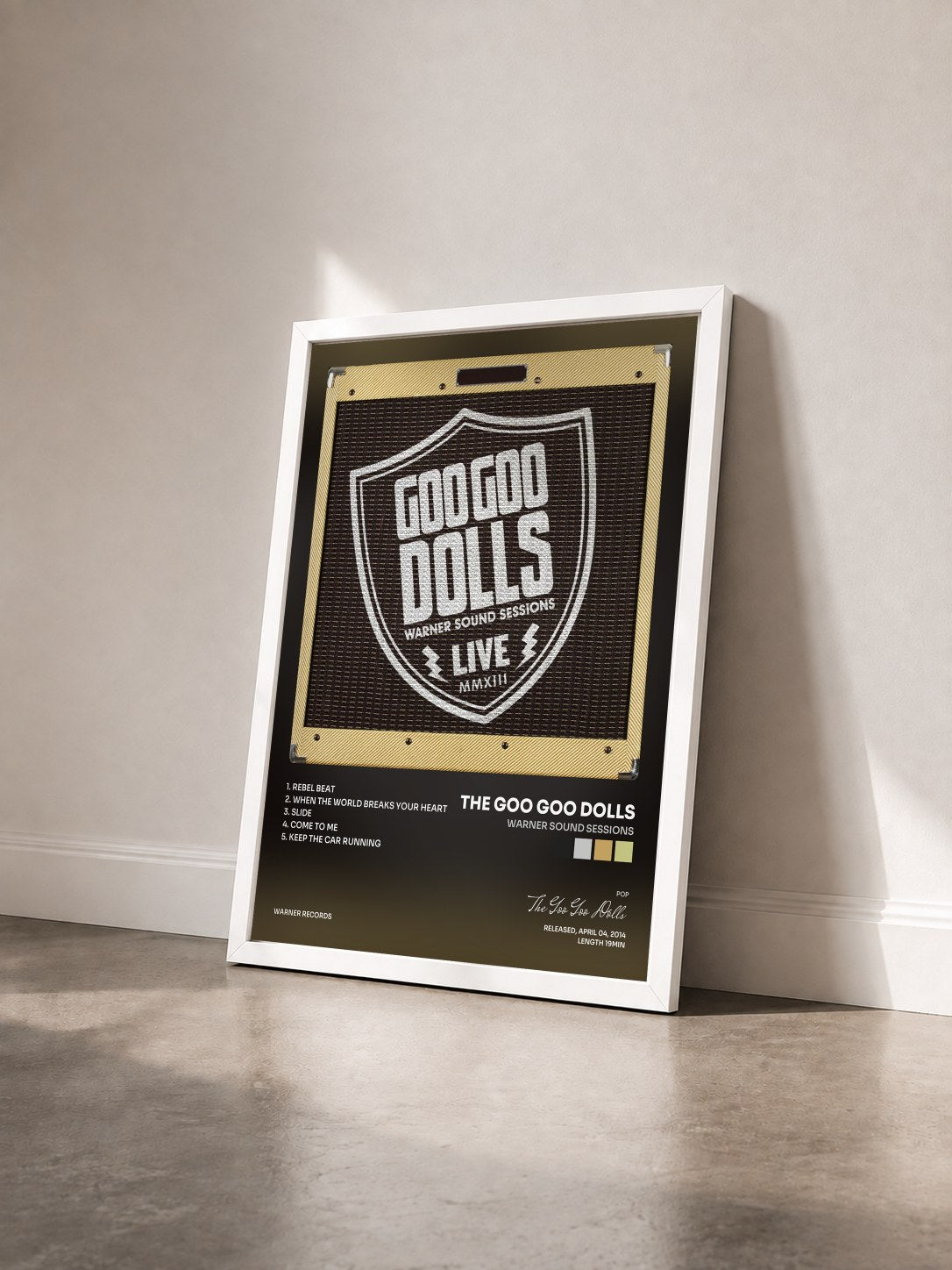 #blanc Tableau de l'album Warner Sound Sessions de The Goo Goo Dolls vu de trois quarts, cadre blanc