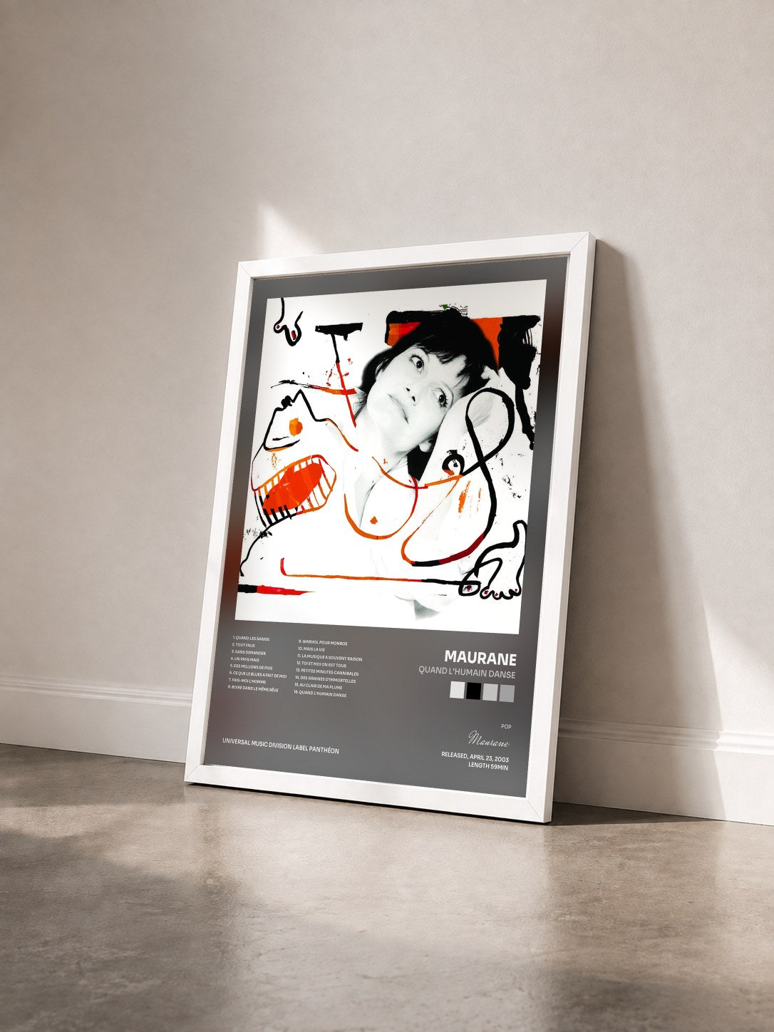 #blanc Tableau de l'album Quand L'Humain Danse de Maurane vu de trois quarts, cadre blanc
