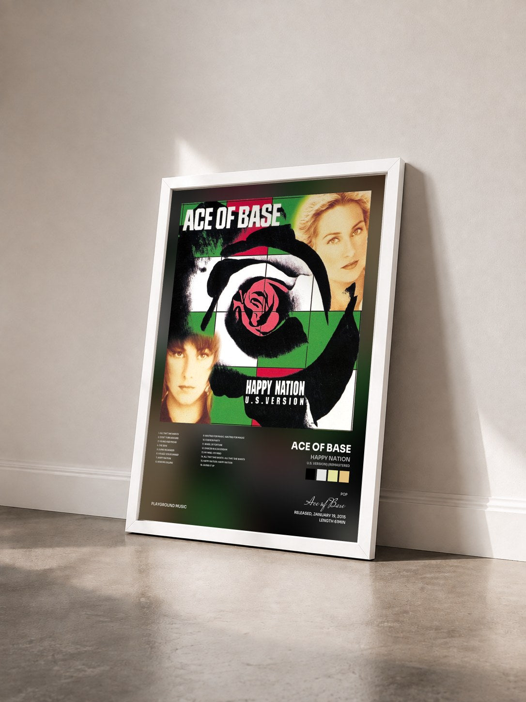 #blanc Tableau de l'album Happy Nation (U.S. Version) (Remastered) de Ace of Base vu de trois quarts, cadre blanc