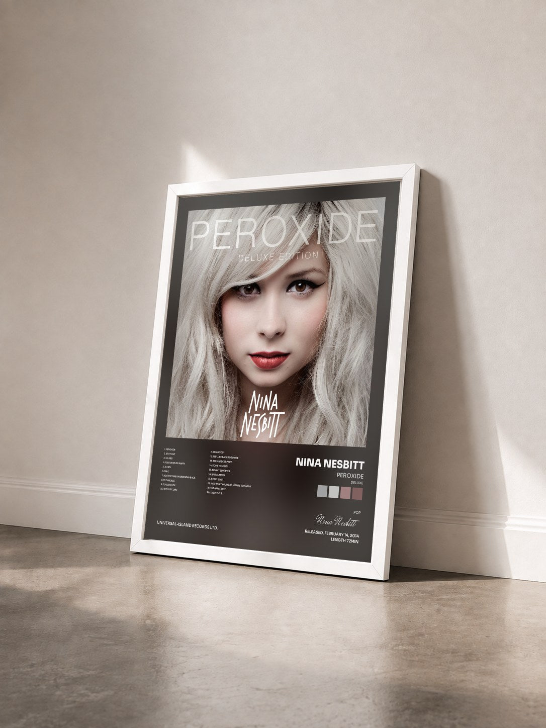 #blanc Tableau de l'album Peroxide (Deluxe) de Nina Nesbitt vu de trois quarts, cadre blanc