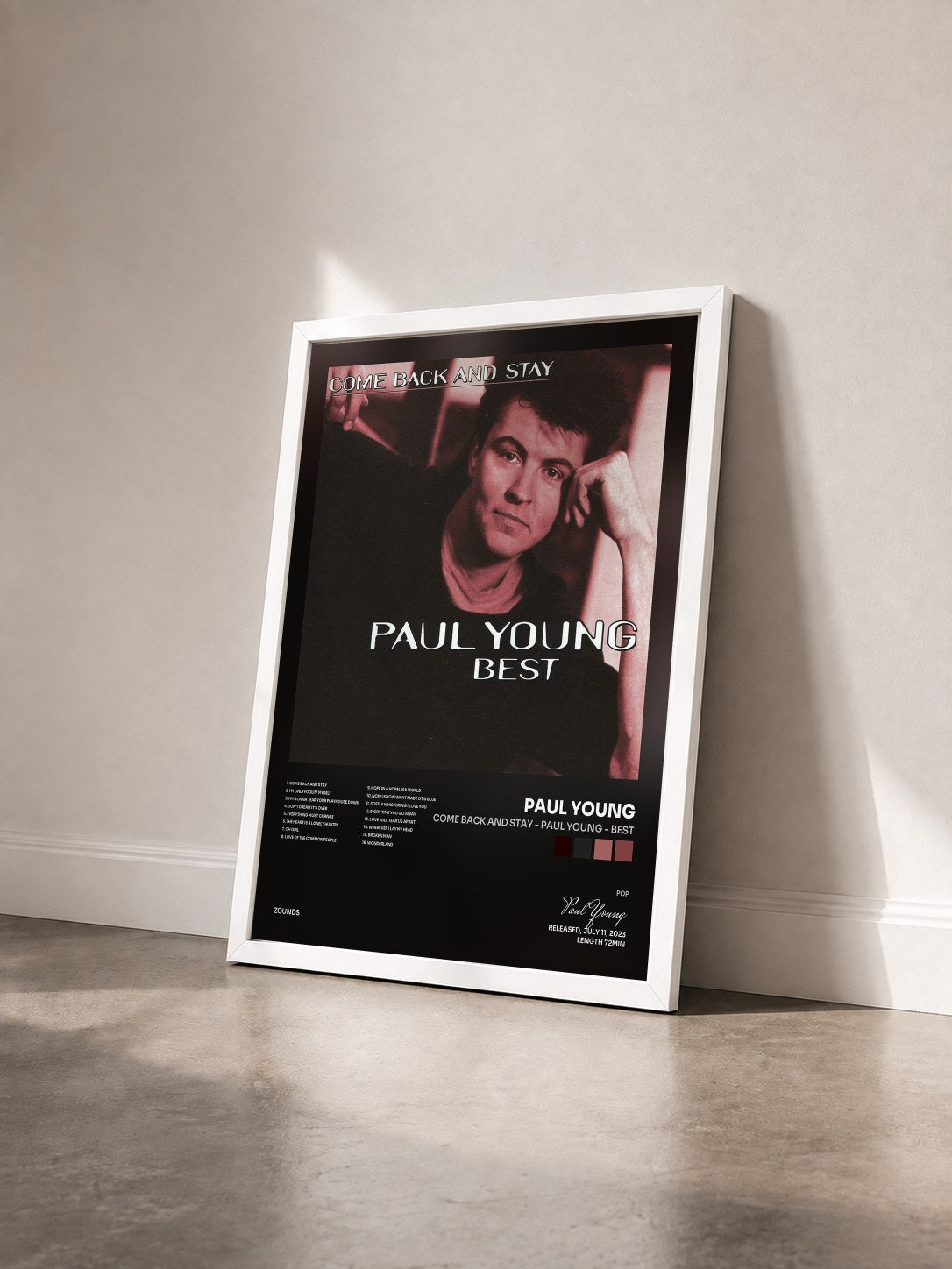 #blanc Tableau de l'album Come Back and Stay - Paul Young - Best de Paul Young vu de trois quarts, cadre blanc