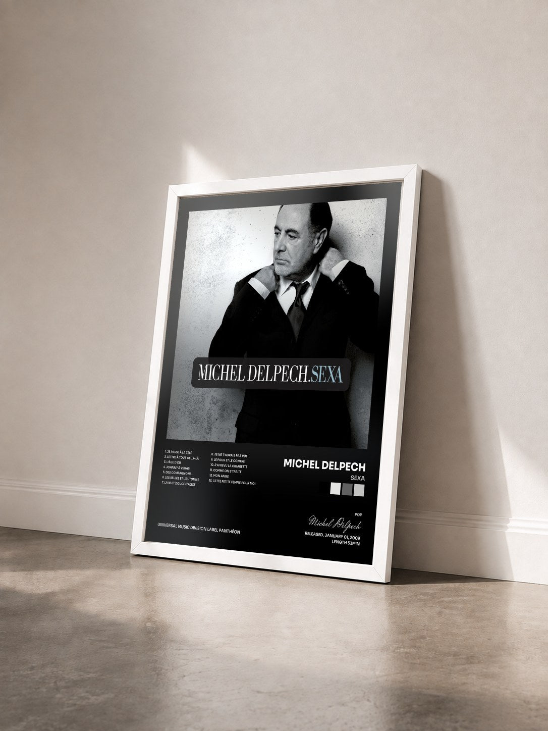 #blanc Tableau de l'album Sexa de Michel Delpech vu de trois quarts, cadre blanc