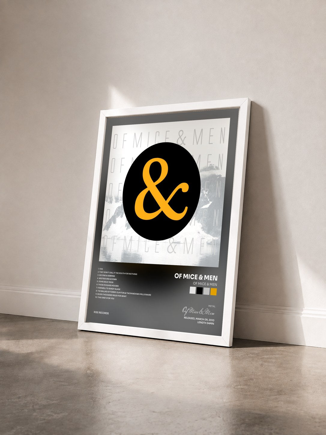 #blanc Tableau de l'album Of Mice & Men de Of Mice & Men vu de trois quarts, cadre blanc