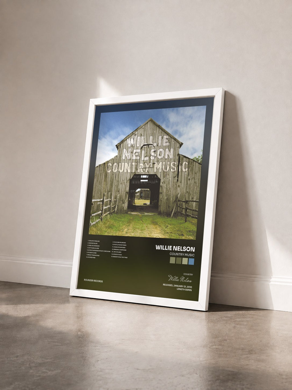 #blanc Tableau de l'album Country Music de Willie Nelson vu de trois quarts, cadre blanc
