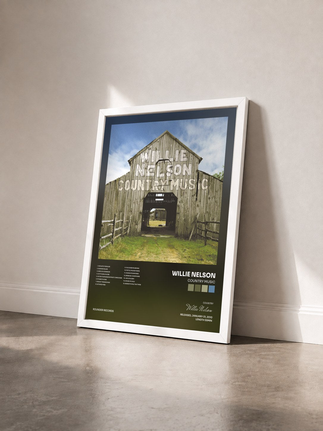 #blanc Tableau de l'album Country Music de Willie Nelson vu de trois quarts, cadre blanc