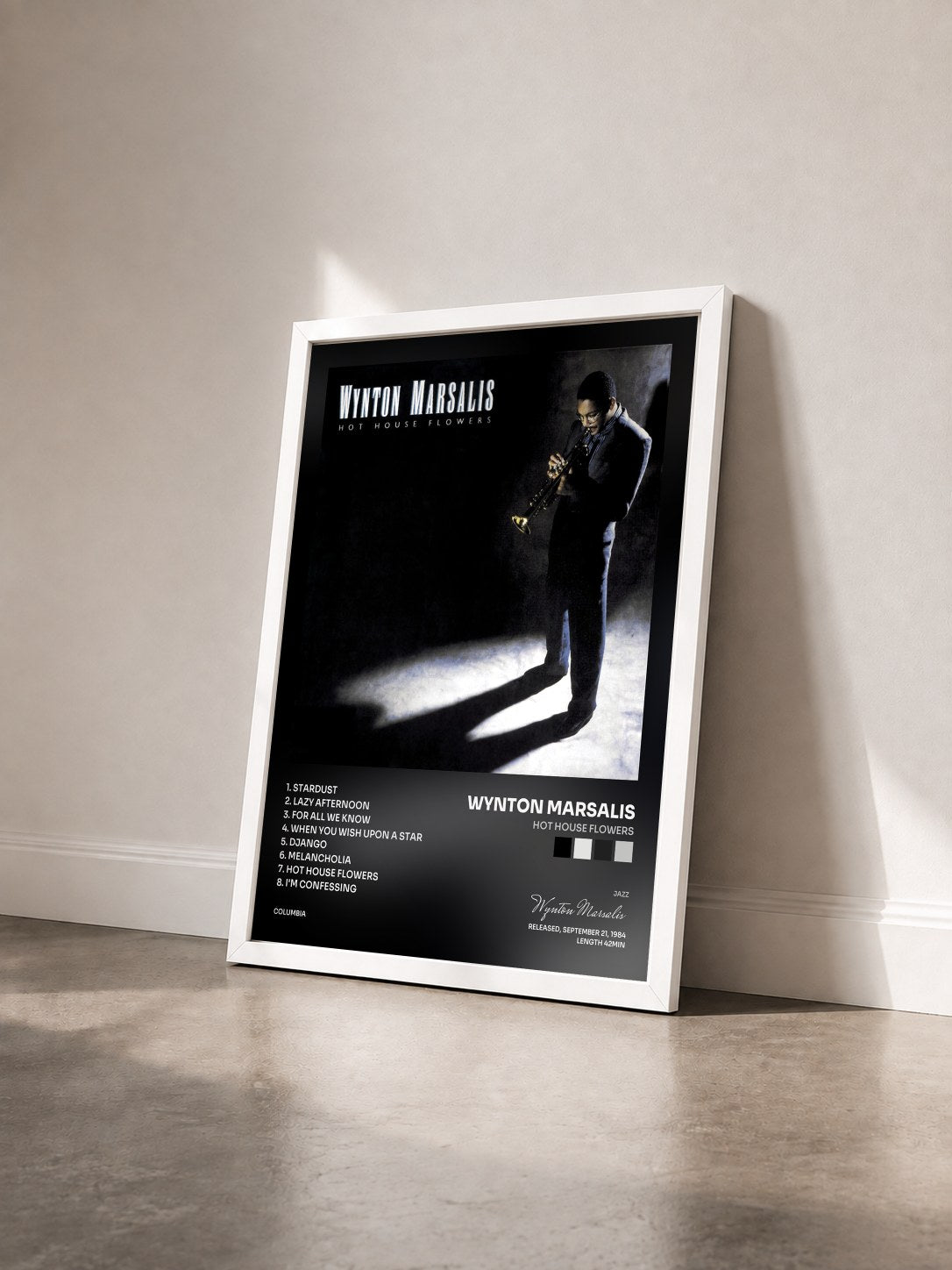 #blanc Tableau de l'album Hot House Flowers de Wynton Marsalis vu de trois quarts, cadre blanc
