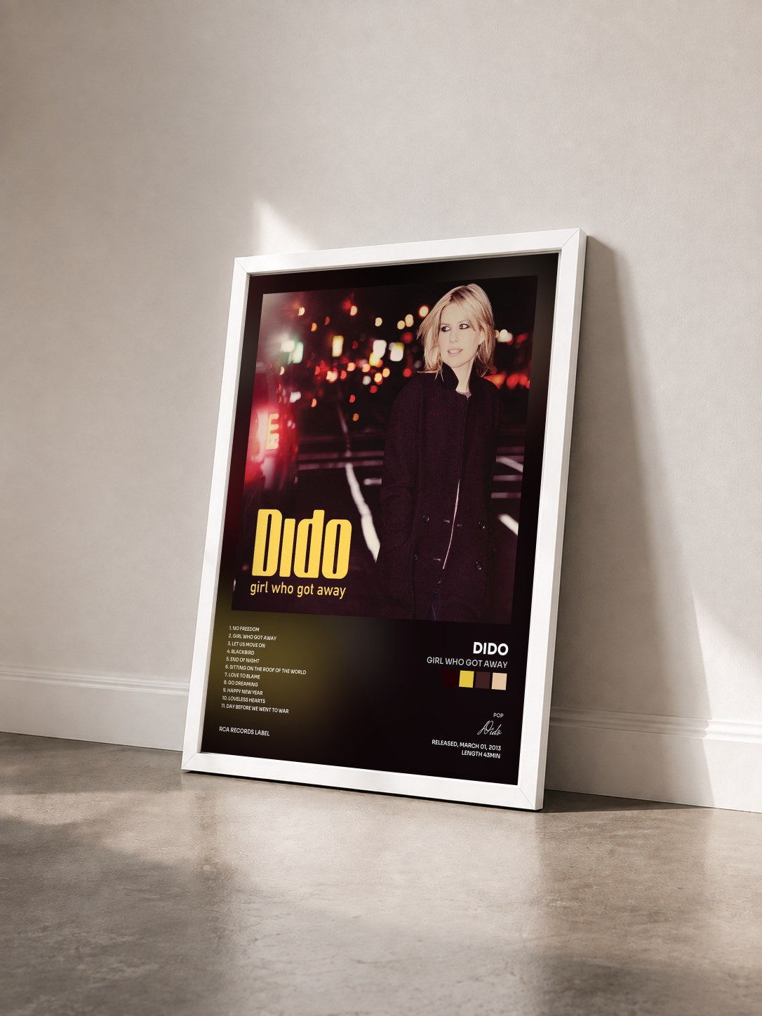 #blanc Tableau de l'album Girl Who Got Away de Dido vu de trois quarts, cadre blanc