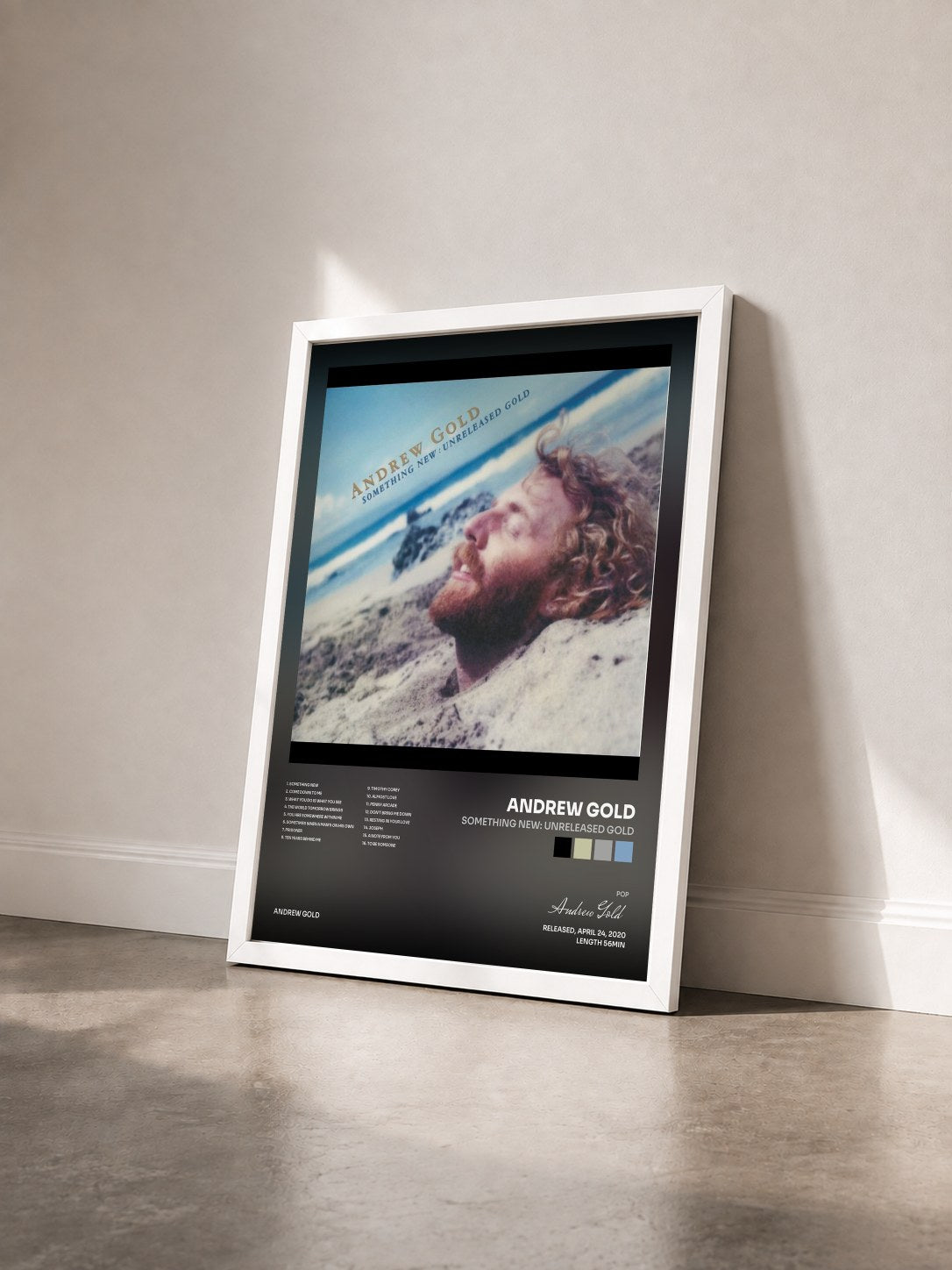 #blanc Tableau de l'album Something New: Unreleased Gold de Andrew Gold vu de trois quarts, cadre blanc