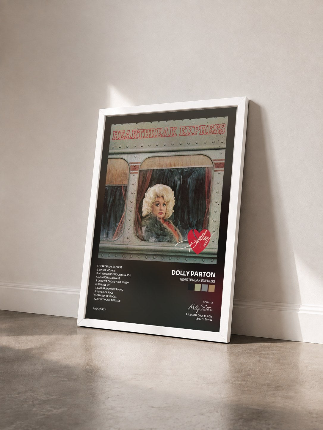 #blanc Tableau de l'album Heartbreak Express de Dolly Parton vu de trois quarts, cadre blanc