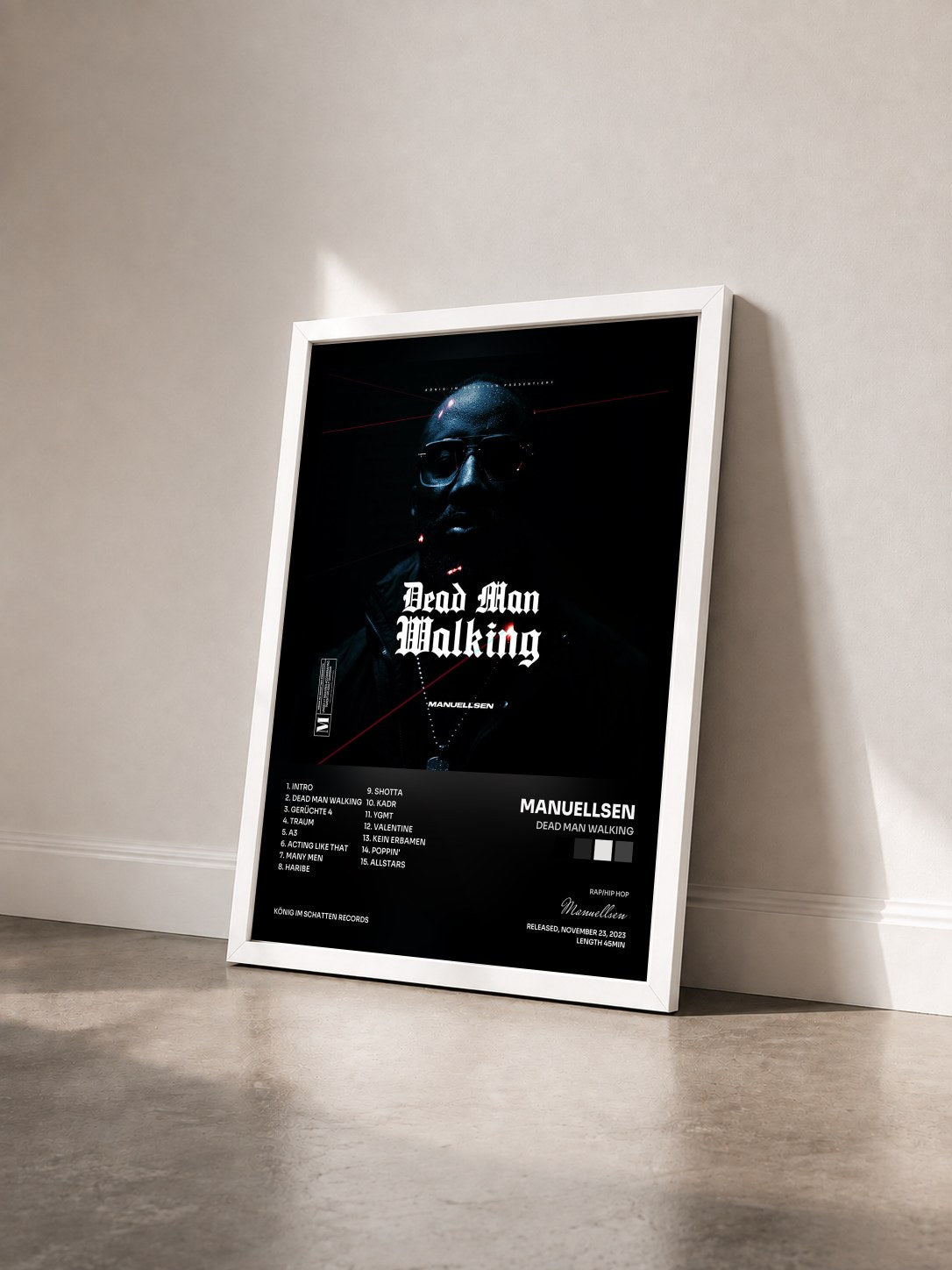 #blanc Tableau de l'album DEAD MAN WALKING de Manuellsen vu de trois quarts, cadre blanc