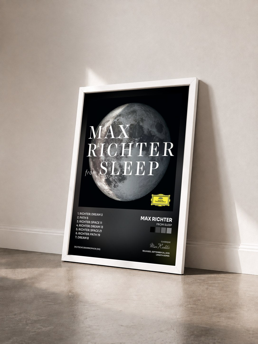 #blanc Tableau de l'album From Sleep de Max Richter vu de trois quarts, cadre blanc