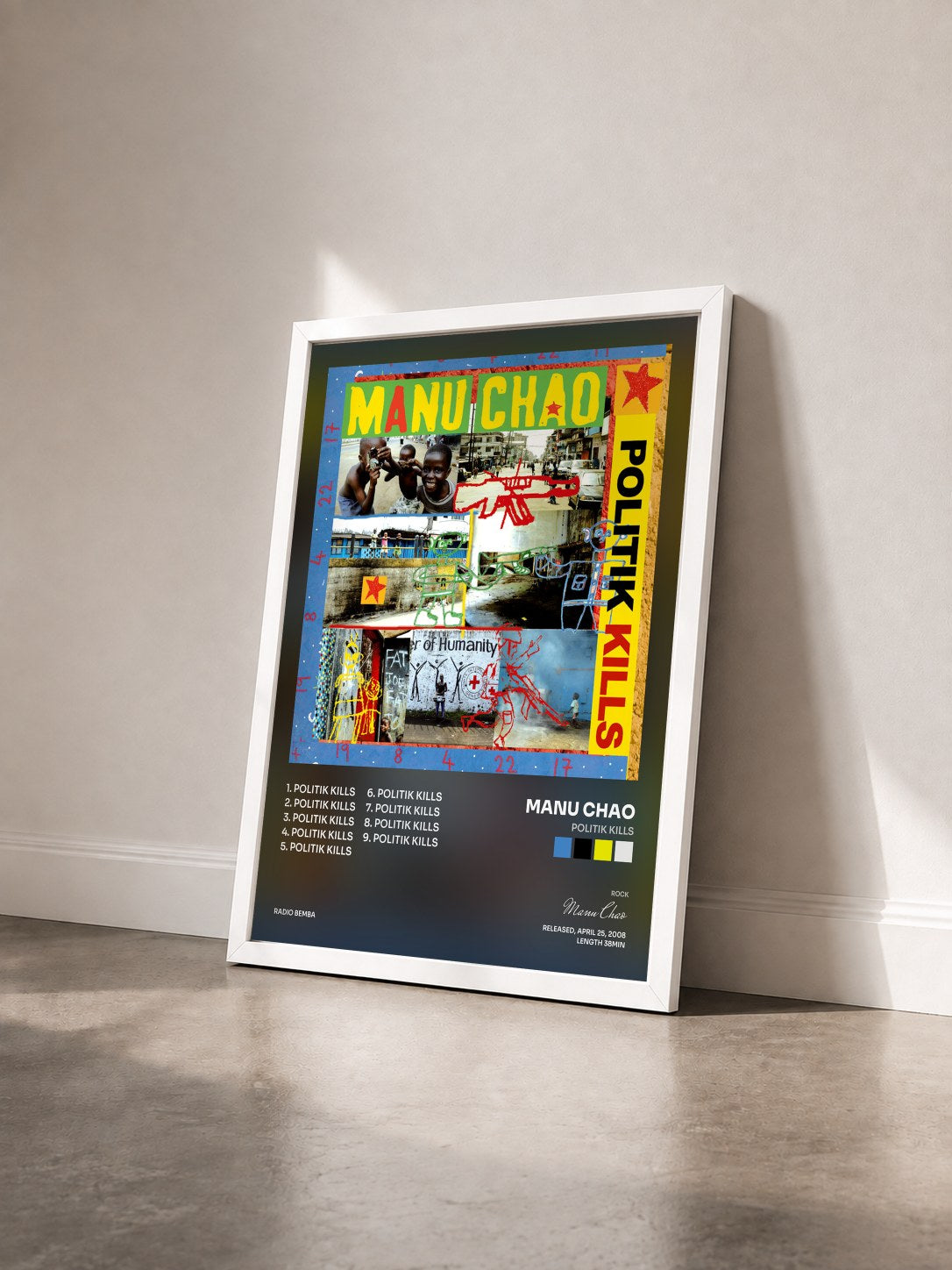 #blanc Tableau de l'album Politik Kills de Manu Chao vu de trois quarts, cadre blanc