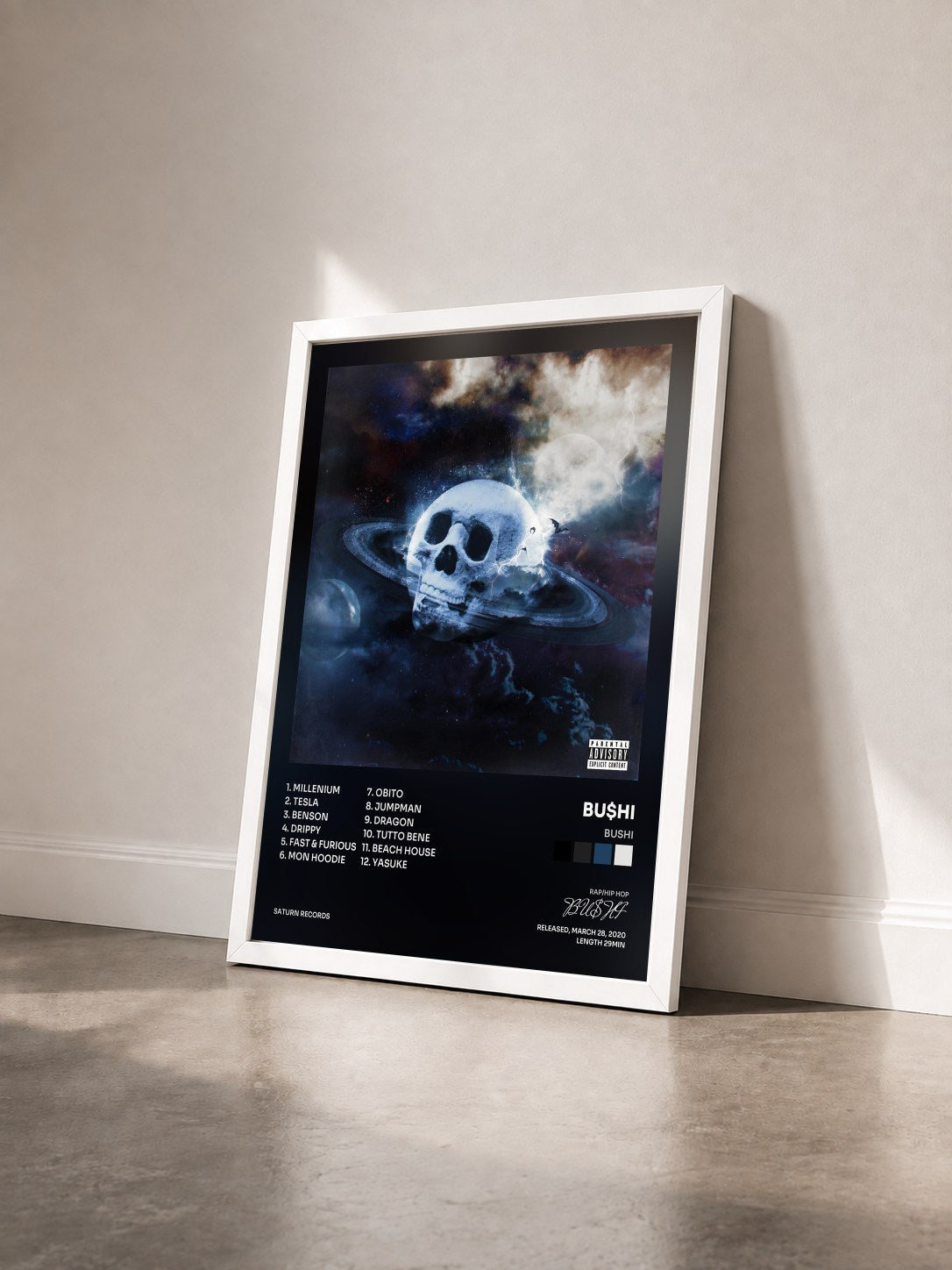 #blanc Tableau de l'album Bushi de BU$HI vu de trois quarts, cadre blanc