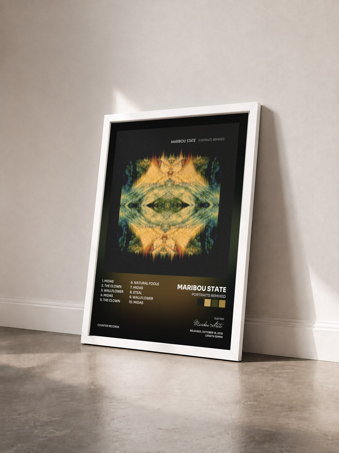 #blanc Tableau de l'album Portraits Remixed de Maribou State vu de trois quarts, cadre blanc