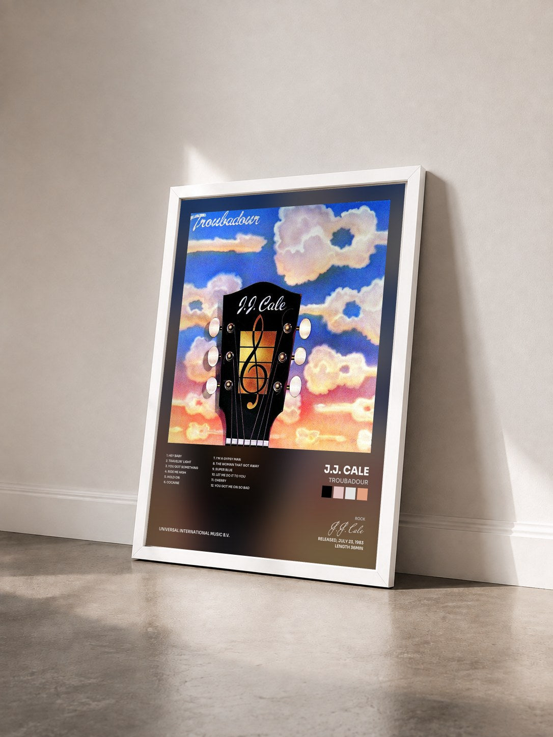 #blanc Tableau de l'album Troubadour de J.J. Cale vu de trois quarts, cadre blanc