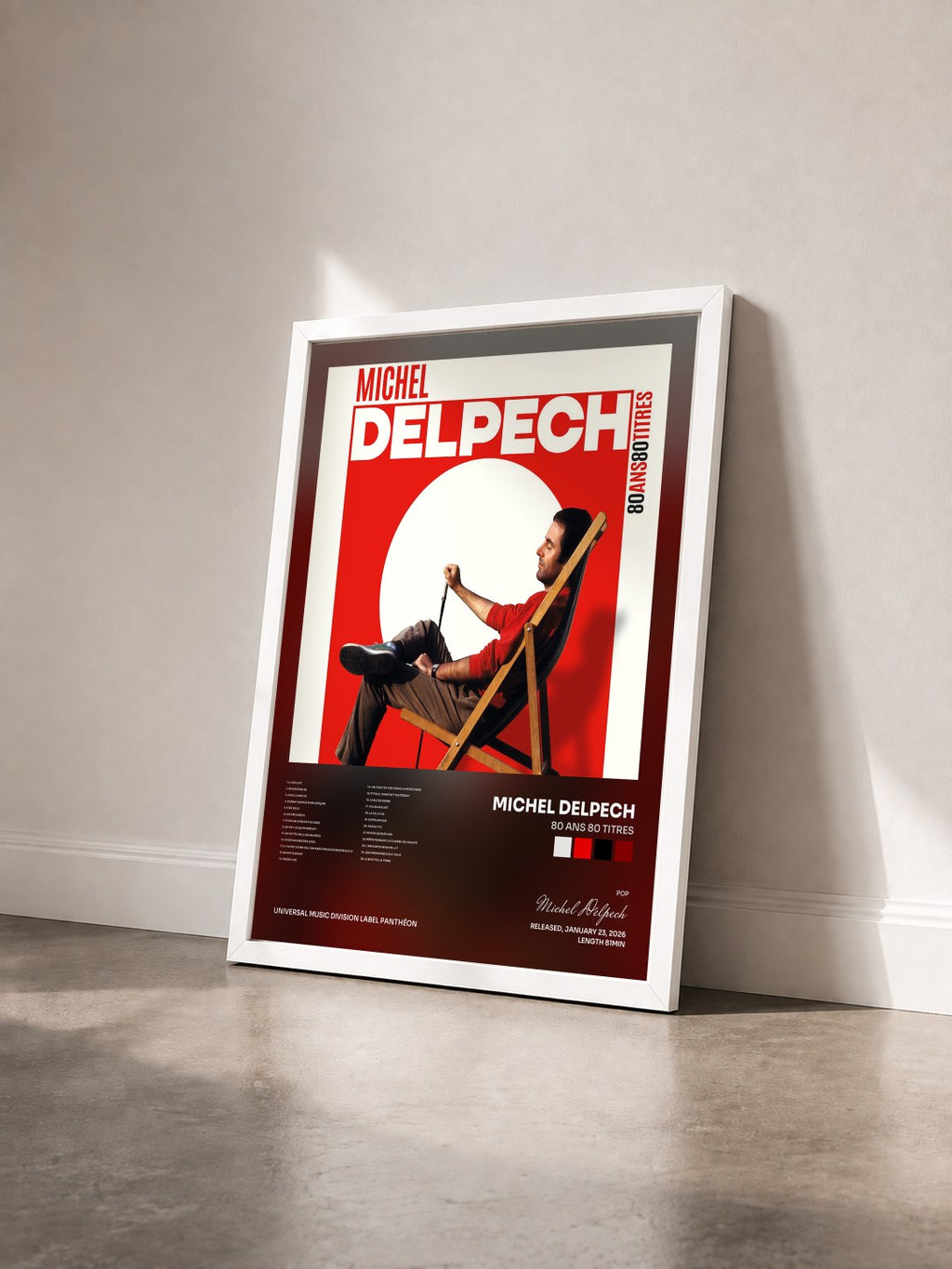 #blanc 80 ans 80 titres by Michel Delpech as a framed art print seen at an angle, white frame