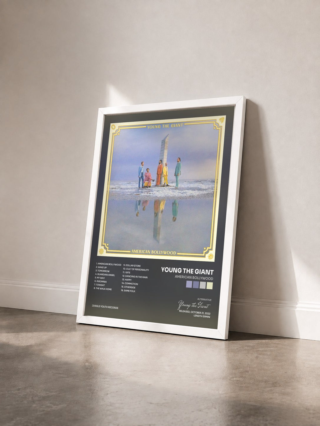 #blanc Tableau de l'album American Bollywood de Young the Giant vu de trois quarts, cadre blanc
