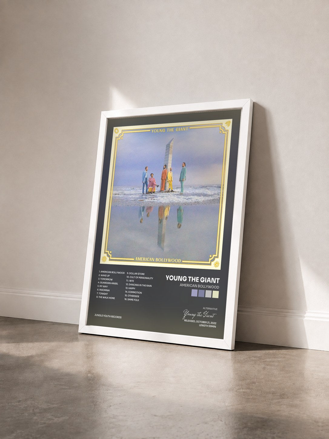 #blanc Tableau de l'album American Bollywood de Young the Giant vu de trois quarts, cadre blanc