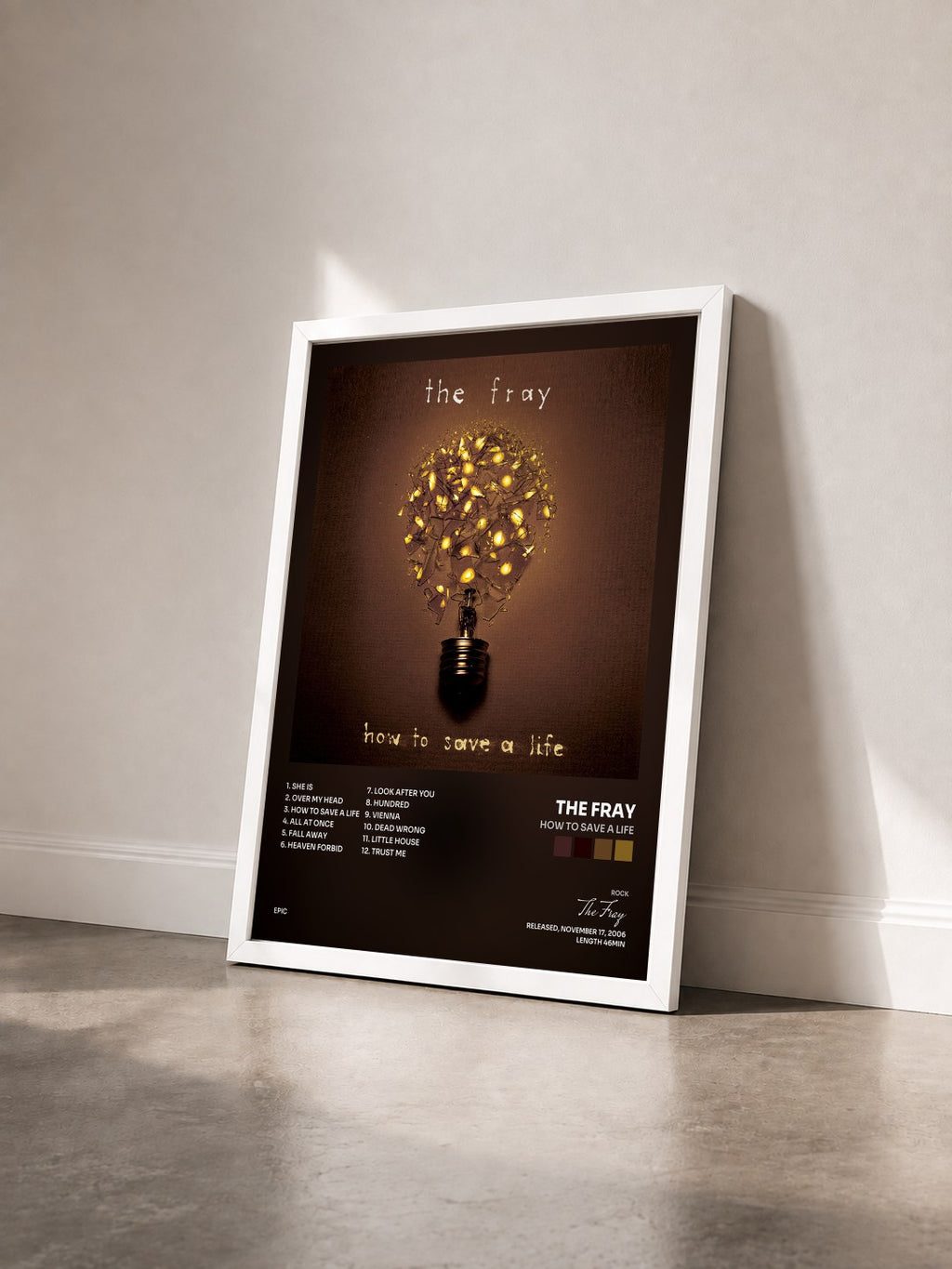#blanc Tableau de l'album How To Save A Life de The Fray vu de trois quarts, cadre blanc