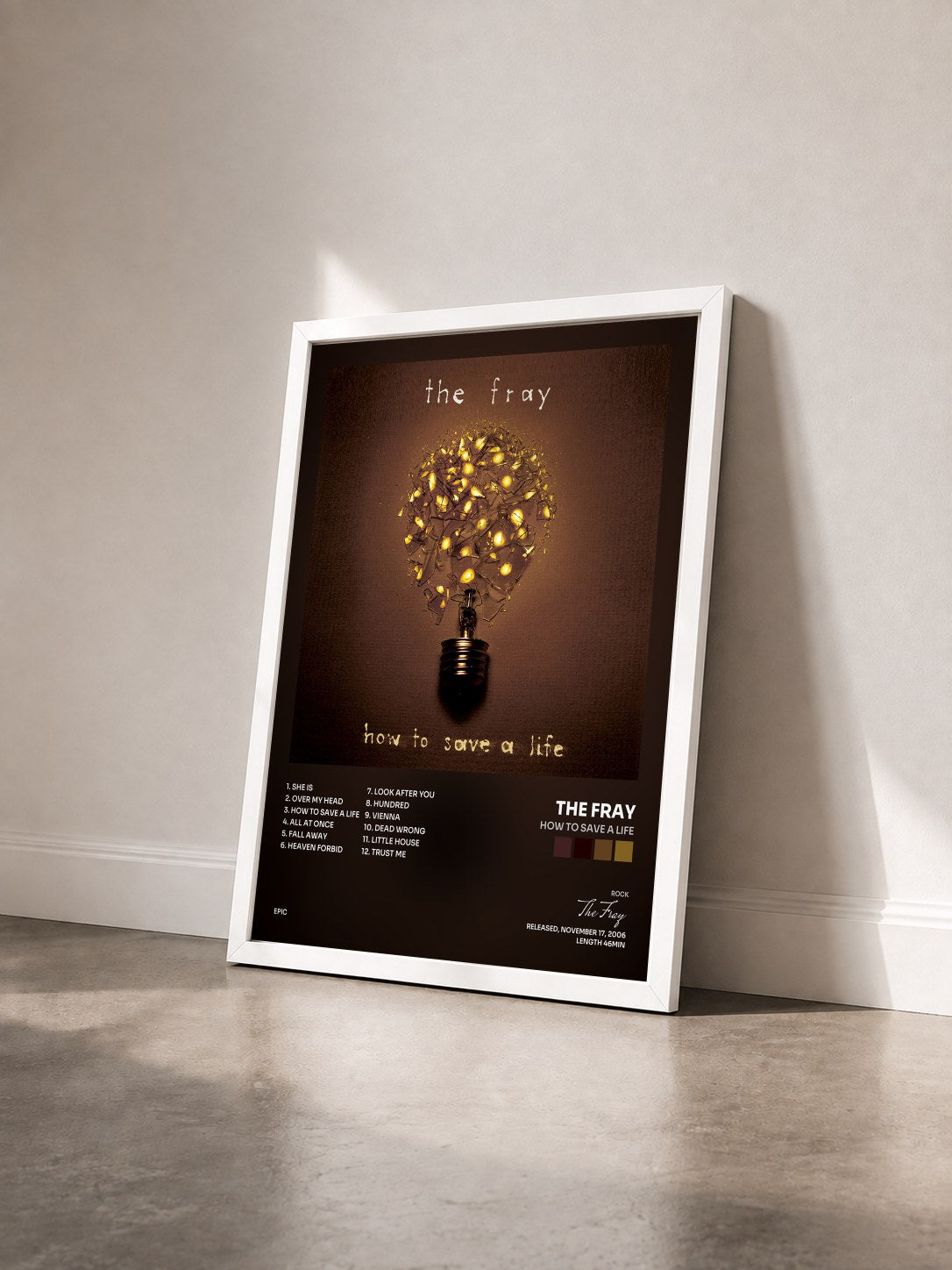 #blanc Tableau de l'album How To Save A Life de The Fray vu de trois quarts, cadre blanc