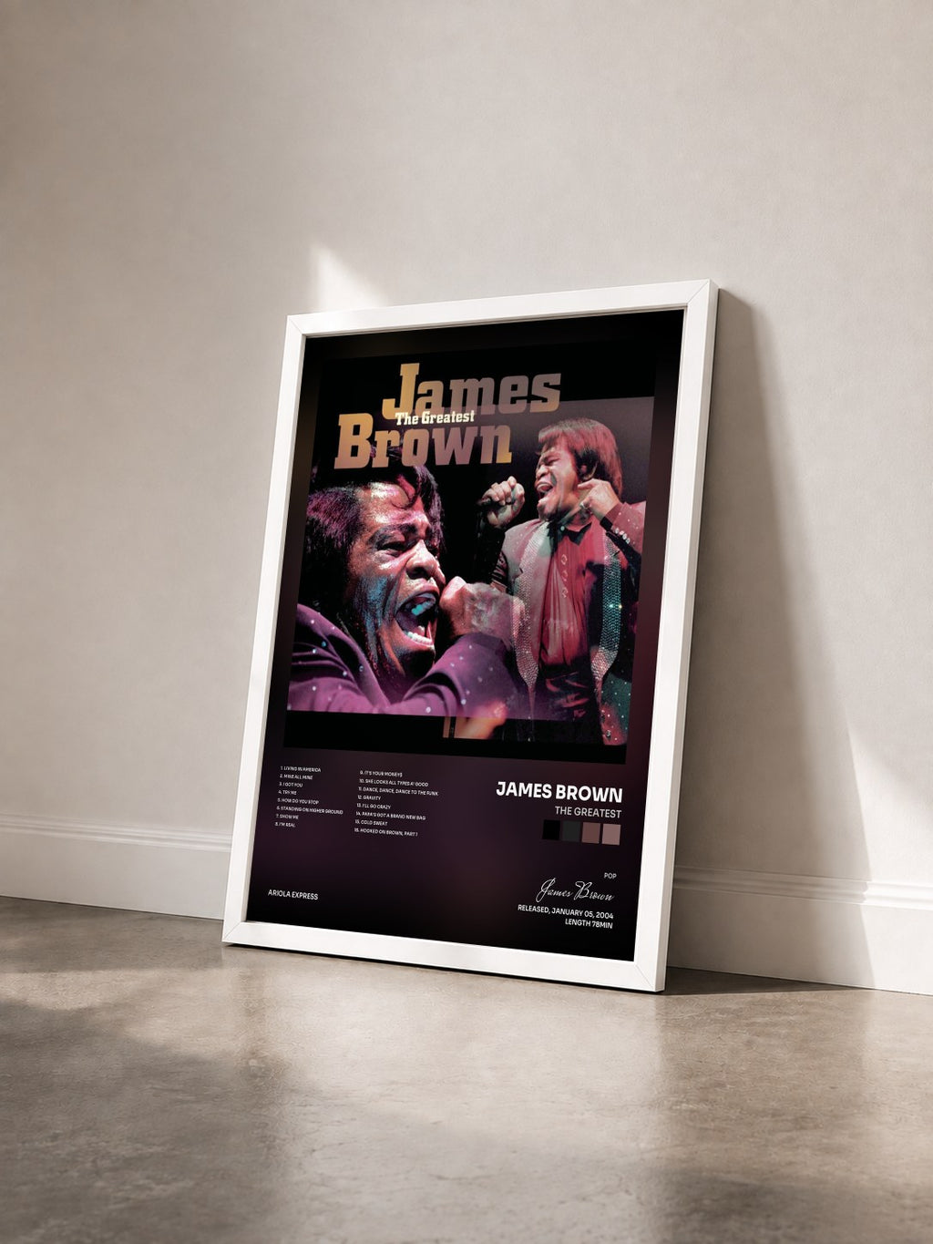 #blanc Tableau de l'album The Greatest de James Brown vu de trois quarts, cadre blanc