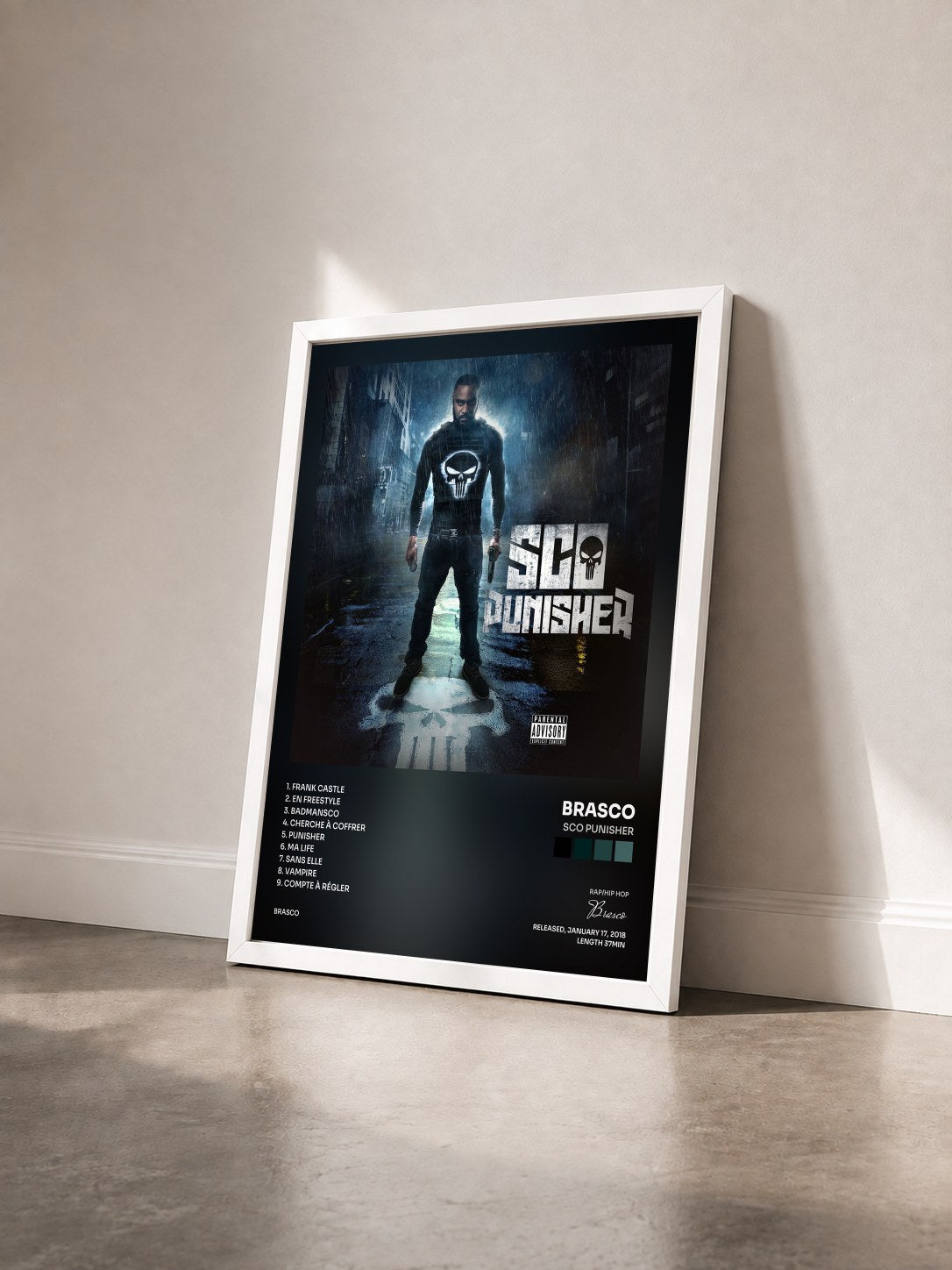 #blanc Tableau de l'album Sco Punisher de Brasco vu de trois quarts, cadre blanc