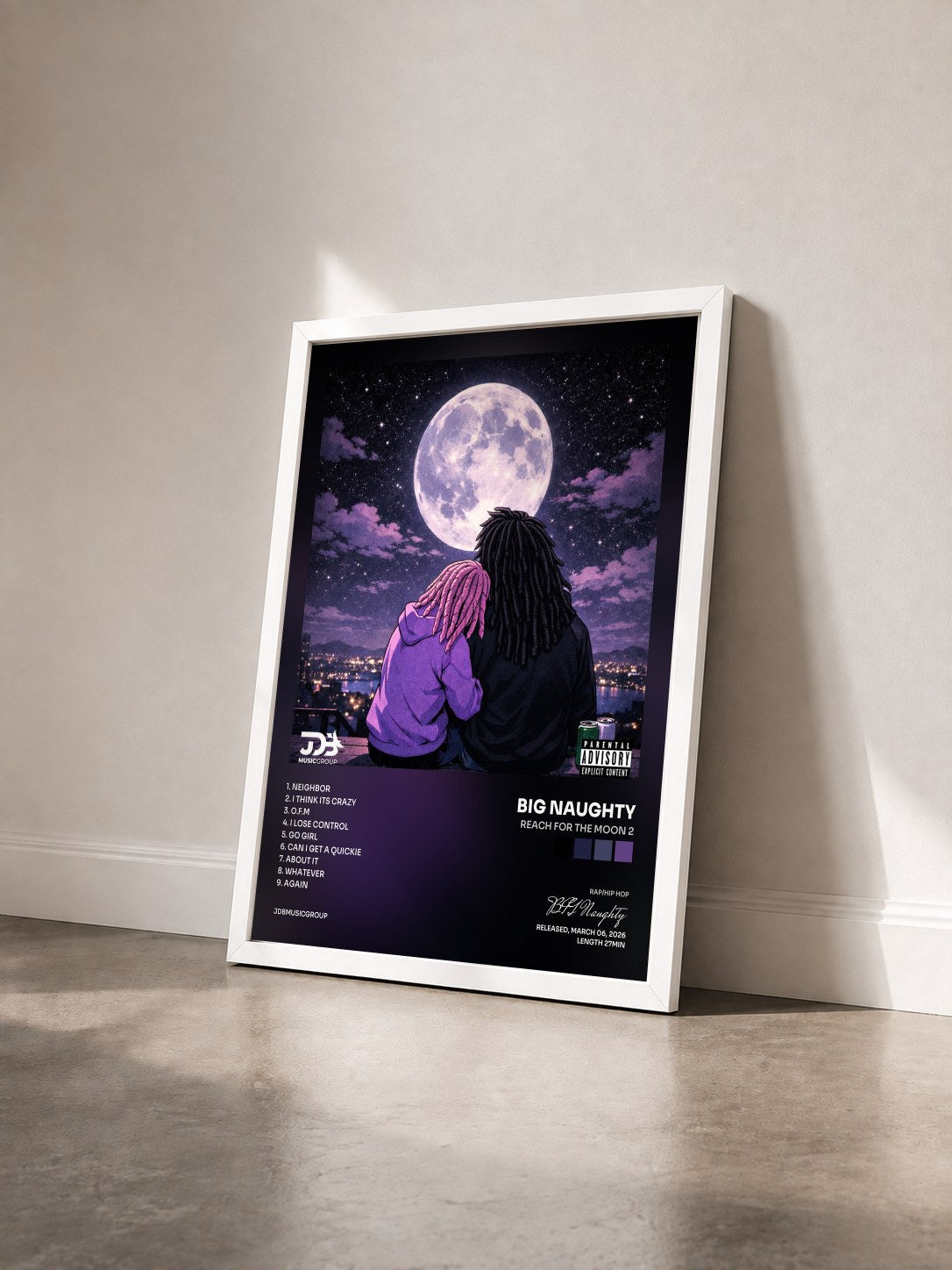 #blanc Tableau de l'album Reach For The Moon 2 de BIG Naughty vu de trois quarts, cadre blanc