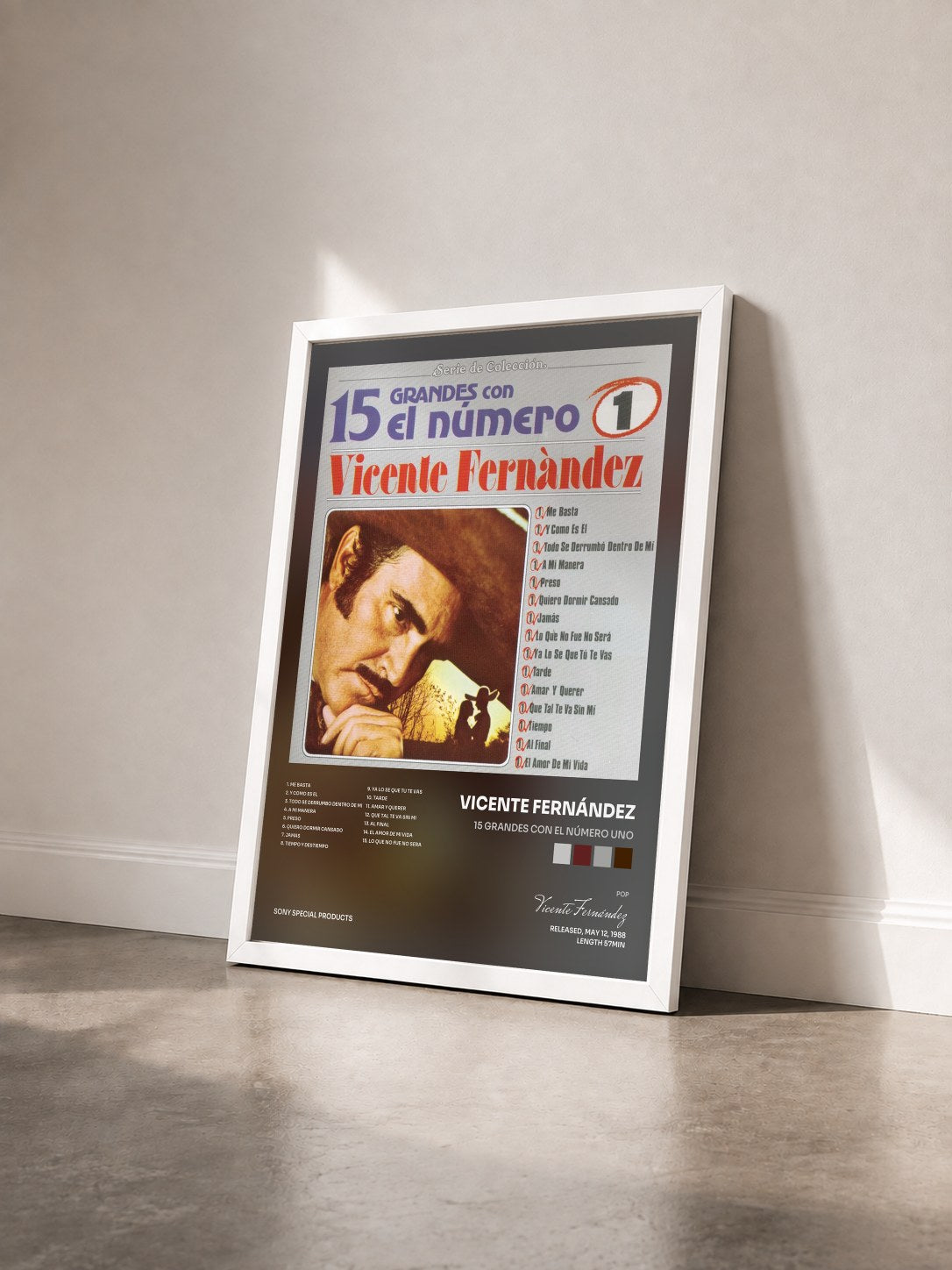 #blanc Tableau de l'album 15 Grandes Con El Número Uno de Vicente Fernández vu de trois quarts, cadre blanc
