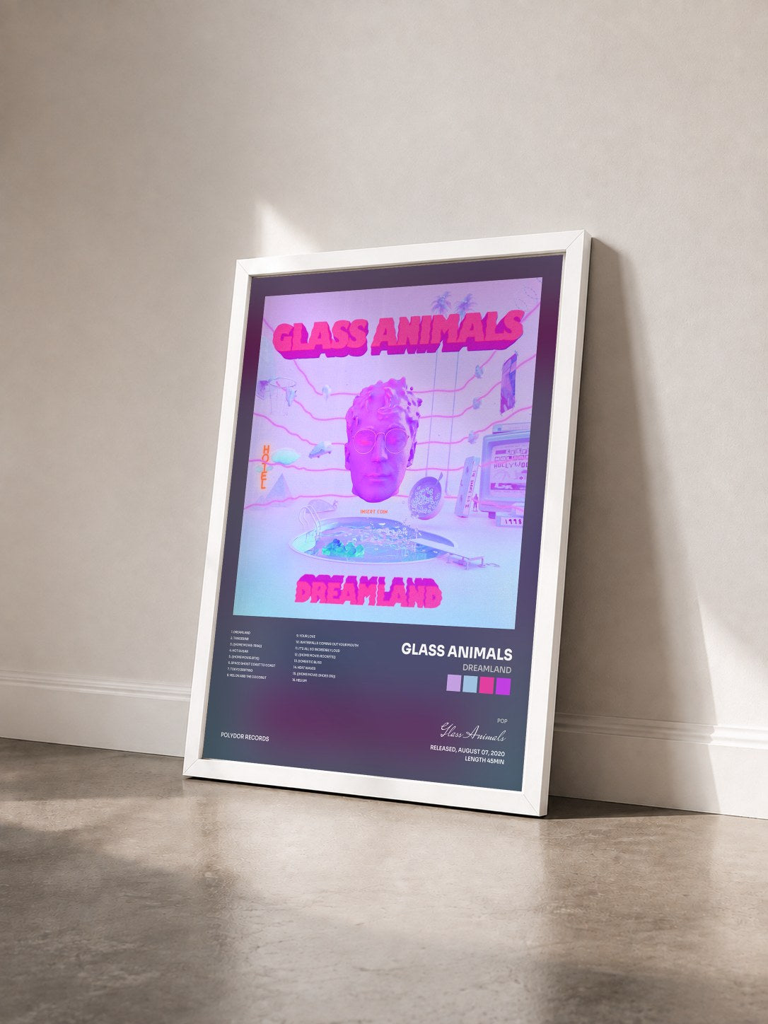 #blanc Tableau de l'album Dreamland de Glass Animals vu de trois quarts, cadre blanc