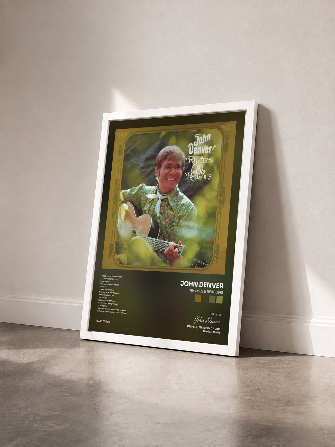 #blanc Tableau de l'album Rhymes & Reasons de John Denver vu de trois quarts, cadre blanc