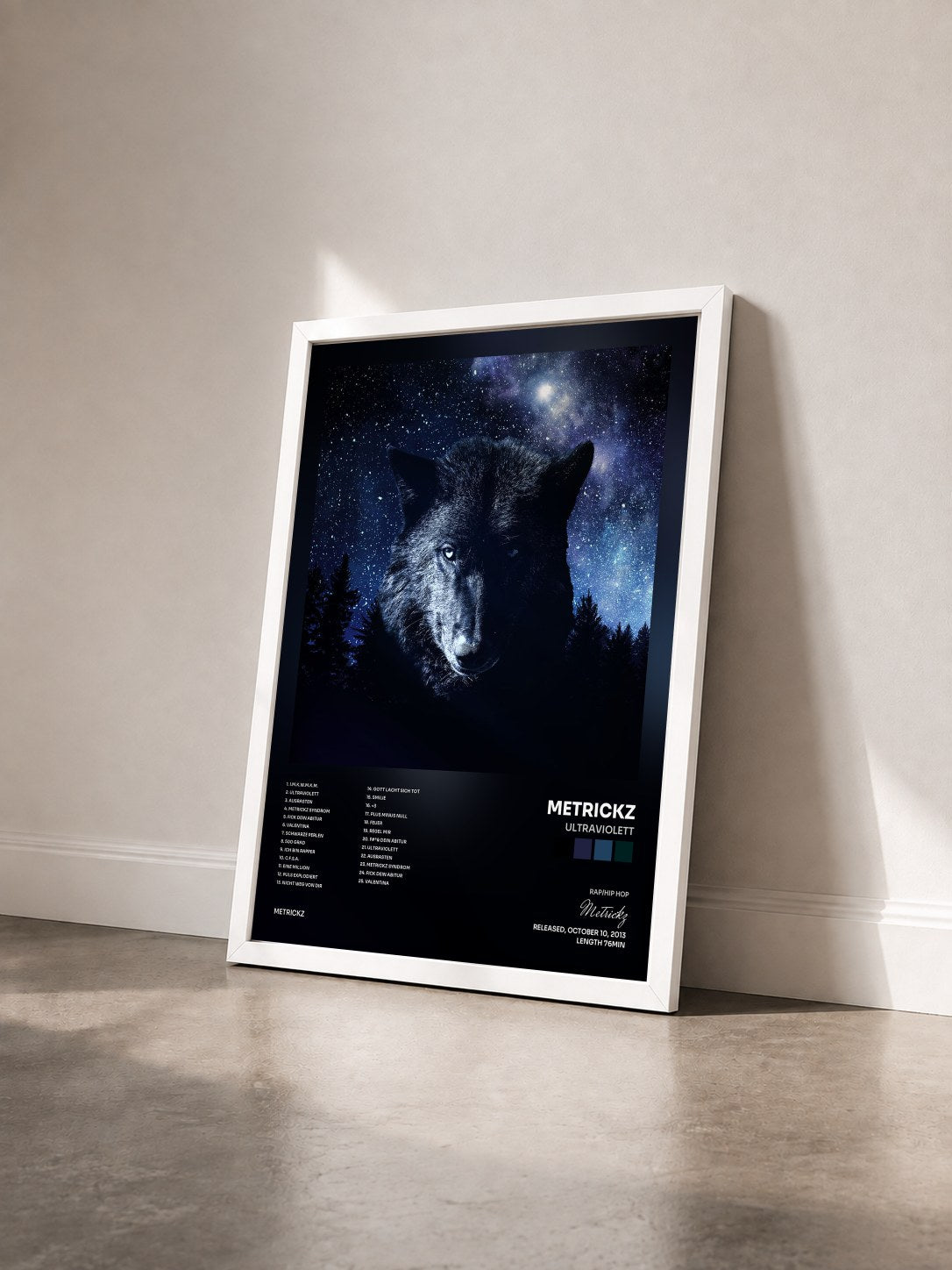 #blanc Tableau de l'album Ultraviolett de Metrickz vu de trois quarts, cadre blanc