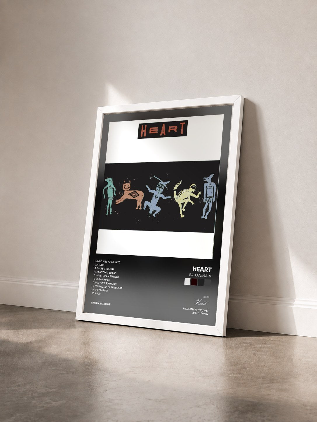 #blanc Tableau de l'album Bad Animals de Heart vu de trois quarts, cadre blanc