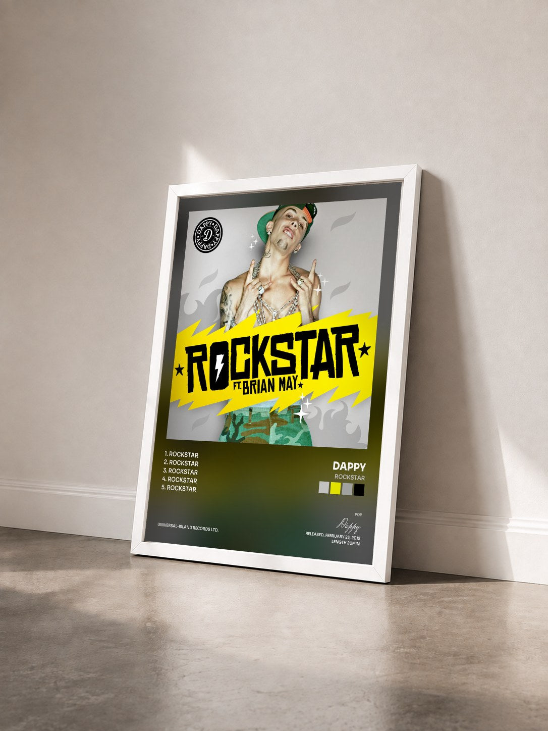 #blanc Tableau de l'album Rockstar de Dappy vu de trois quarts, cadre blanc