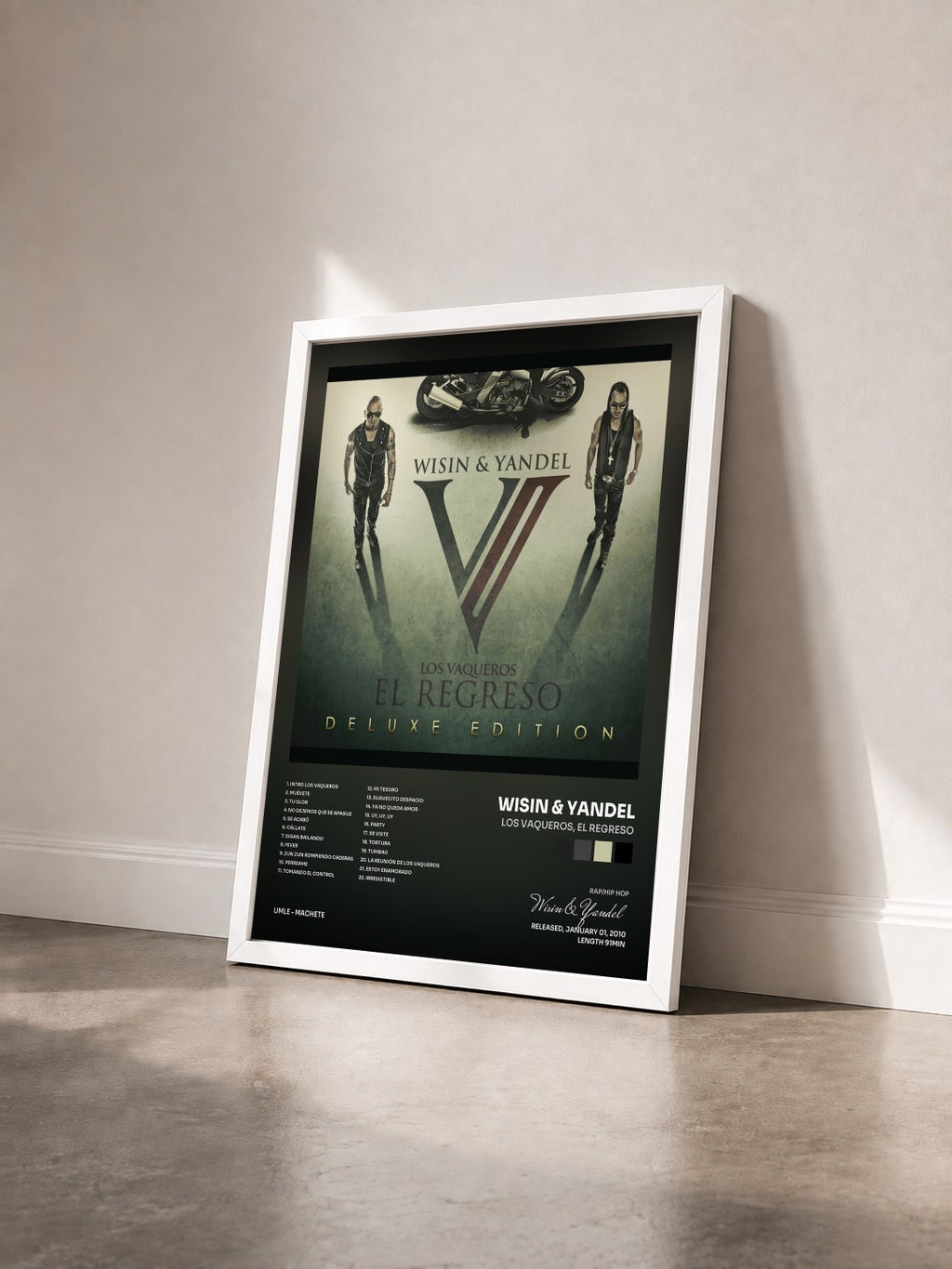 #blanc Tableau de l'album Los Vaqueros, El Regreso de Wisin & Yandel vu de trois quarts, cadre blanc