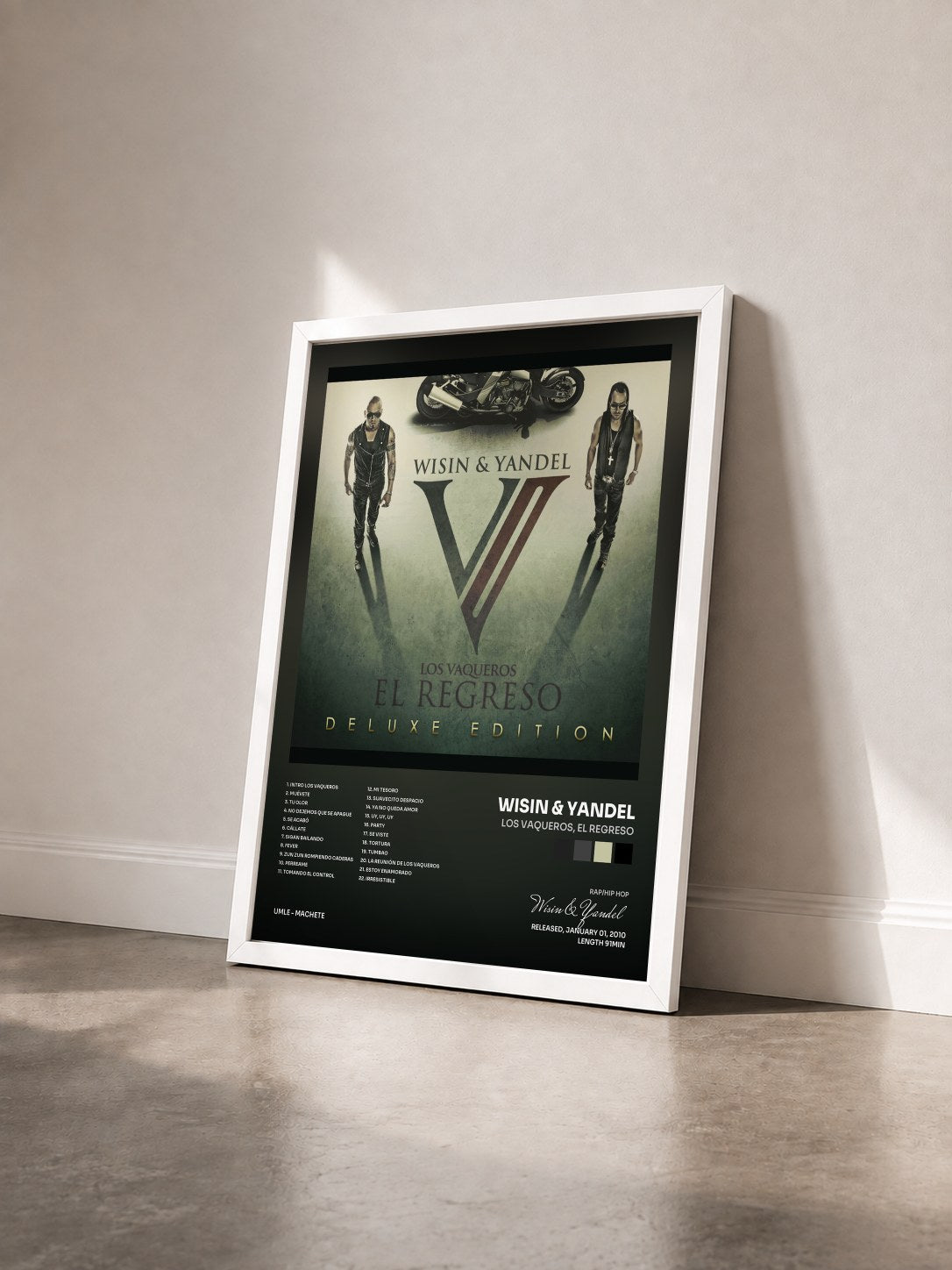 #blanc Tableau de l'album Los Vaqueros, El Regreso de Wisin & Yandel vu de trois quarts, cadre blanc