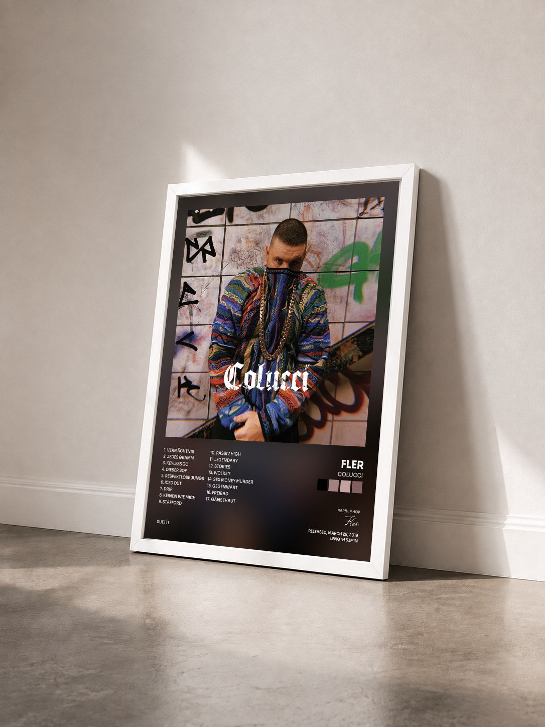 #blanc Tableau de l'album Colucci de Fler vu de trois quarts, cadre blanc