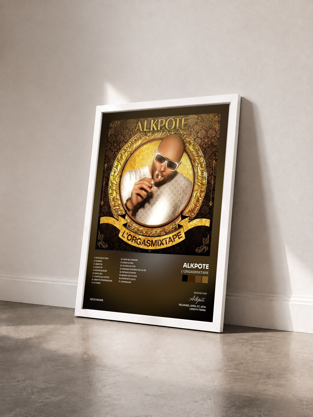 #blanc Tableau de l'album L'Orgasmixtape de Alkpote vu de trois quarts, cadre blanc