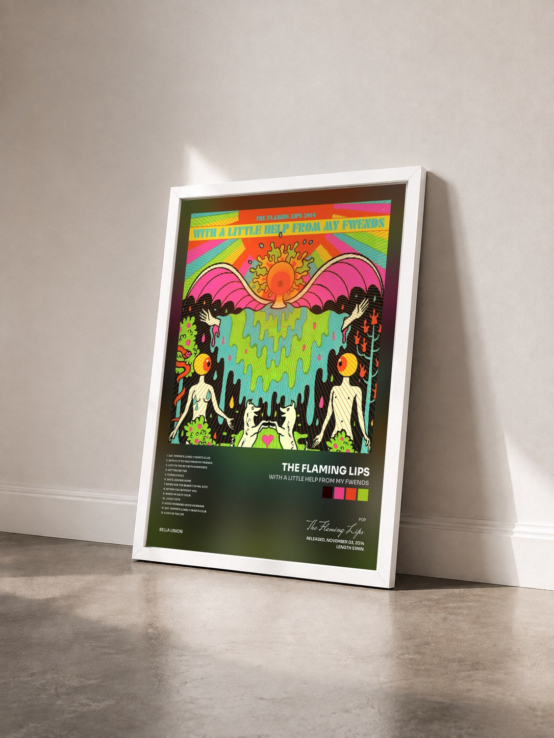#blanc Tableau de l'album With a Little Help from My Fwends de The Flaming Lips vu de trois quarts, cadre blanc