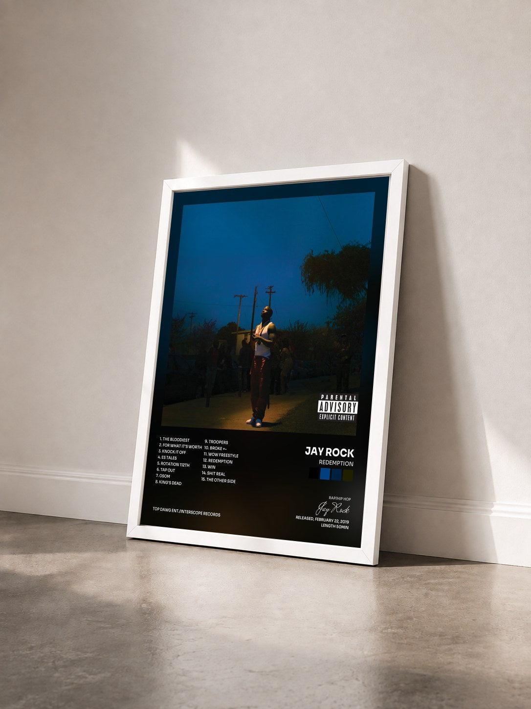 #blanc Tableau de l'album Redemption de Jay Rock vu de trois quarts, cadre blanc