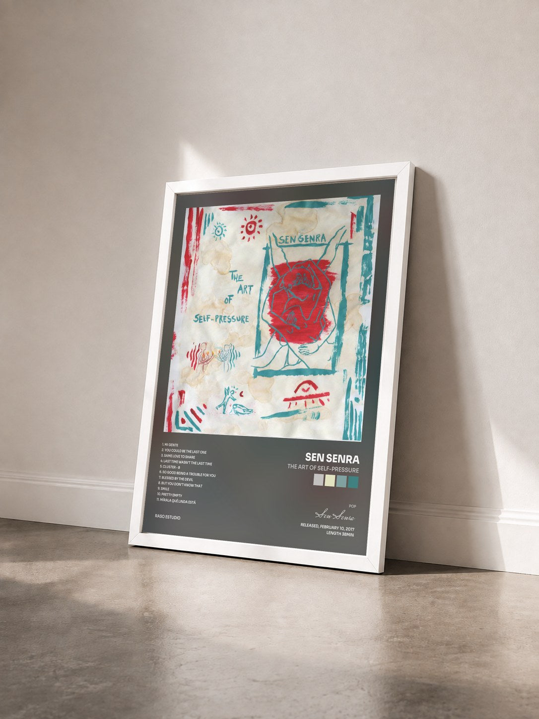 #blanc Tableau de l'album The Art of Self-Pressure de Sen Senra vu de trois quarts, cadre blanc
