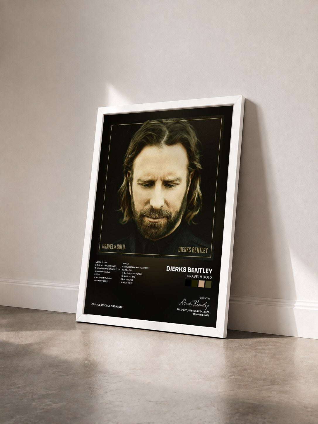 #blanc Tableau de l'album Gravel & Gold de Dierks Bentley vu de trois quarts, cadre blanc