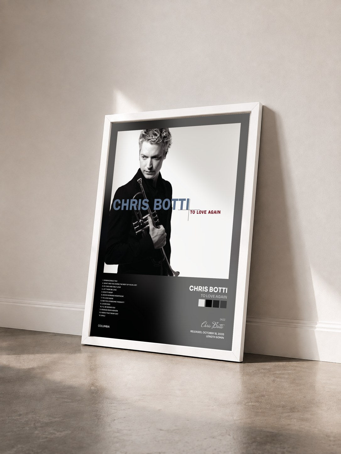 #blanc Tableau de l'album To Love Again de Chris Botti vu de trois quarts, cadre blanc