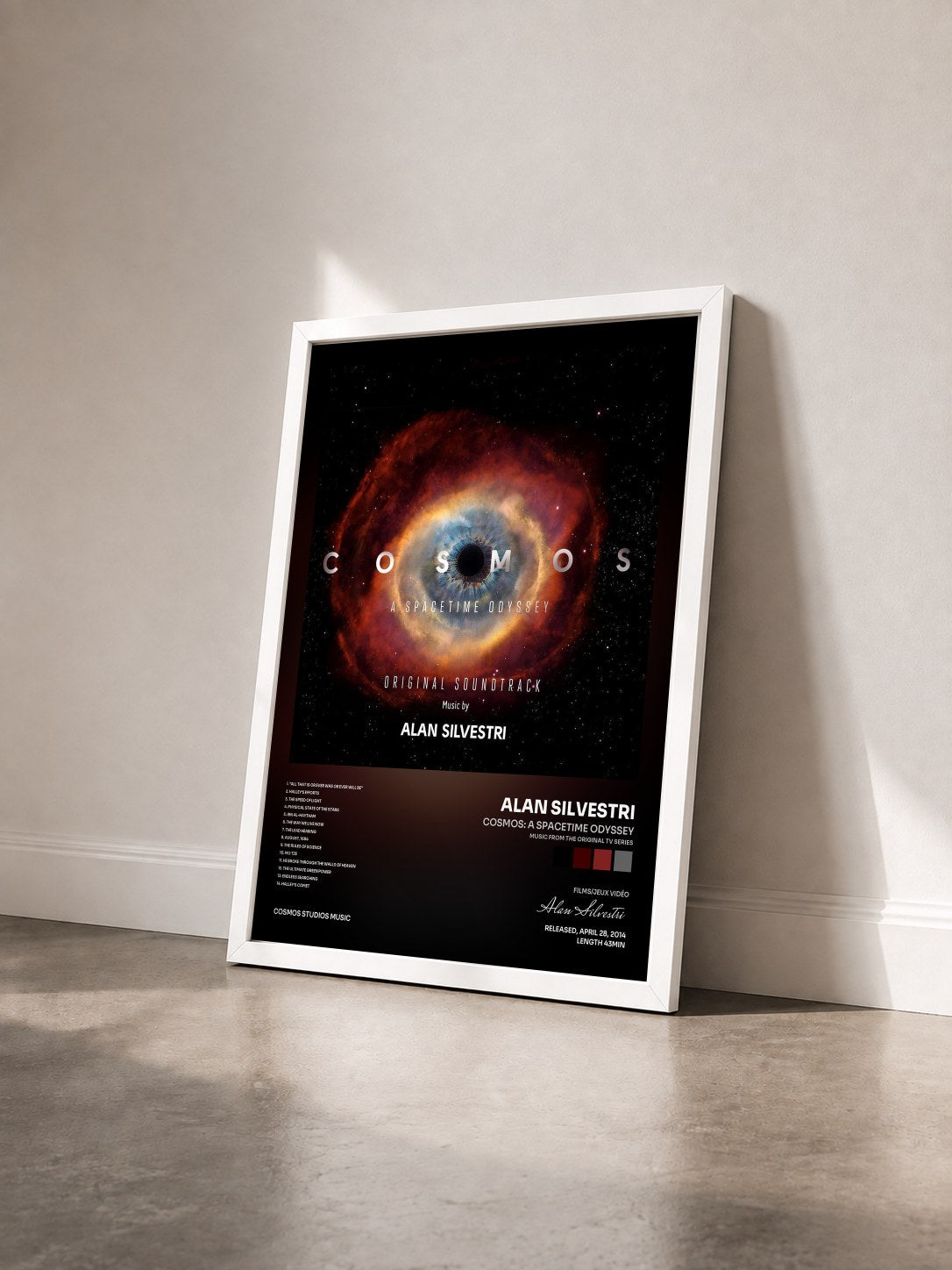 #blanc Tableau de l'album Cosmos: A SpaceTime Odyssey (Music from the Original TV Series) Vol. 3 de Alan Silvestri vu de trois quarts, cadre blanc