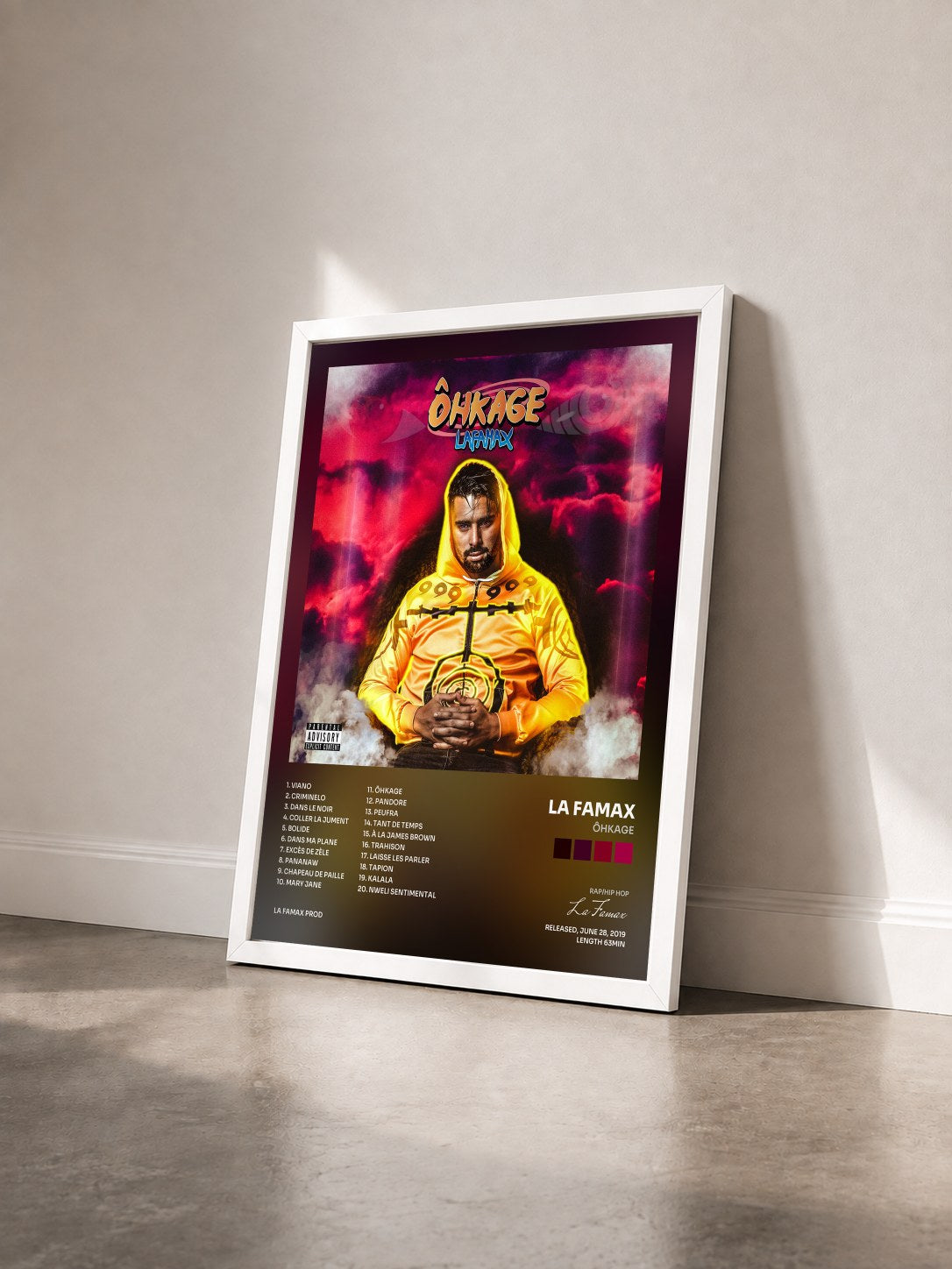 #blanc Tableau de l'album Ôhkage de La Famax vu de trois quarts, cadre blanc