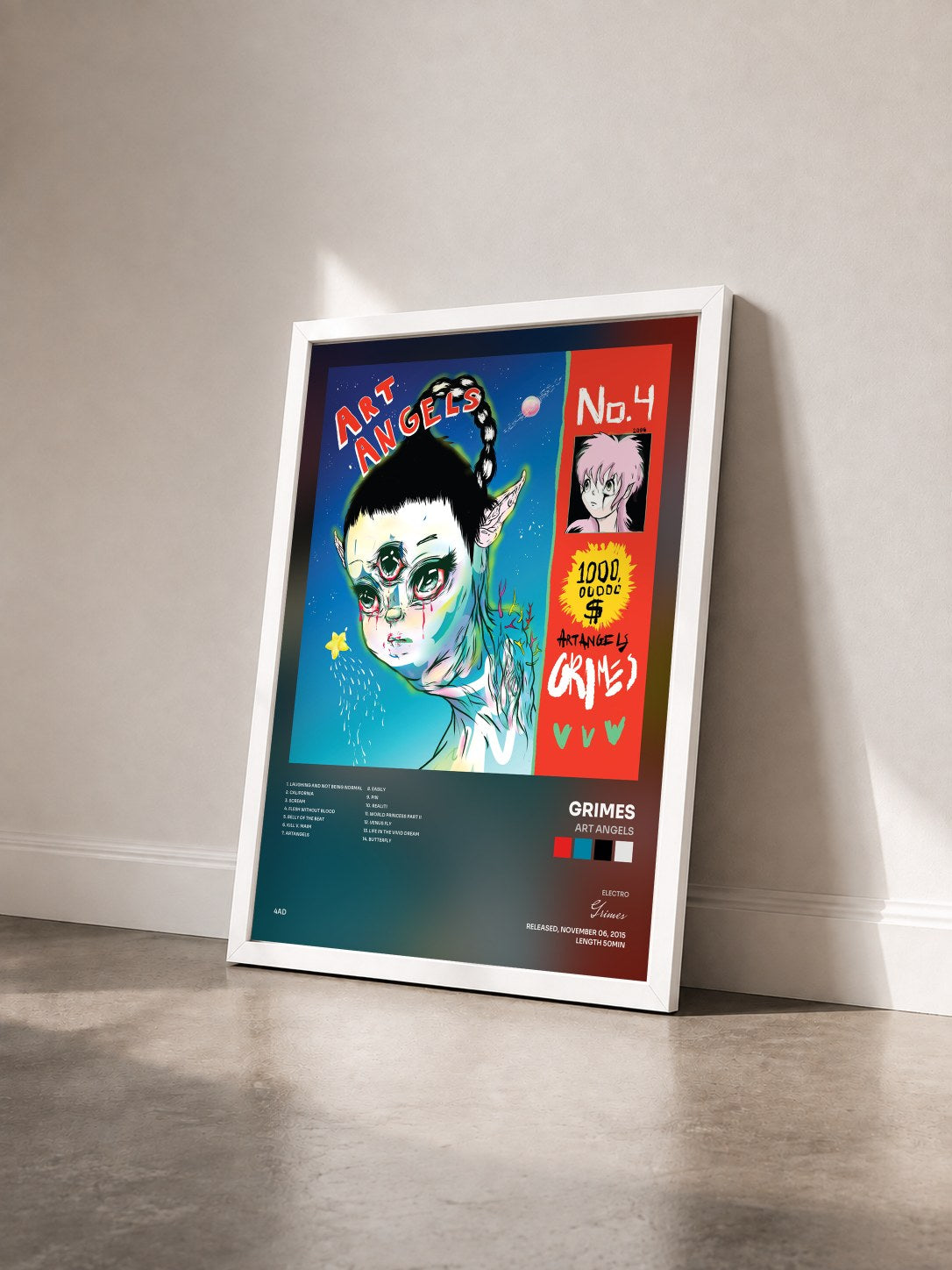#blanc Tableau de l'album Art Angels de Grimes vu de trois quarts, cadre blanc